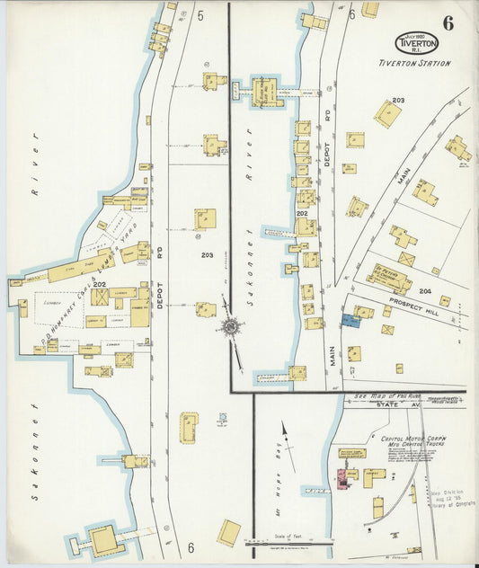 Sanborn Fire Insurance Map from Tiverton, Newport County, Rhode Island (1920), Sheet #0006 - Historic Sanborn Fire Insurance Map Print, vintage old map wall art, antique decor, genealogy gift, Rhode Island Rhode Island map