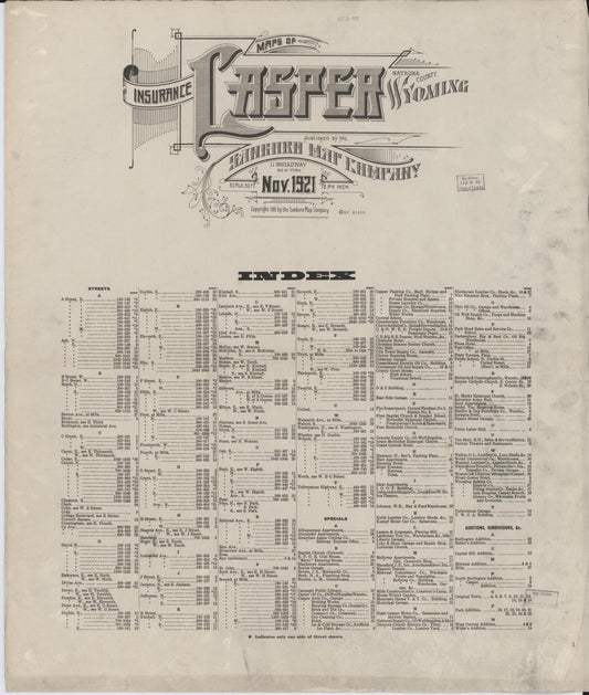 Sanborn Fire Insurance Map from Casper, Natrona County, Wyoming (1921), Sheet #0001 - Historic Sanborn Fire Insurance Map Print, vintage old map wall art, antique decor, genealogy gift, Wyoming Wyoming map