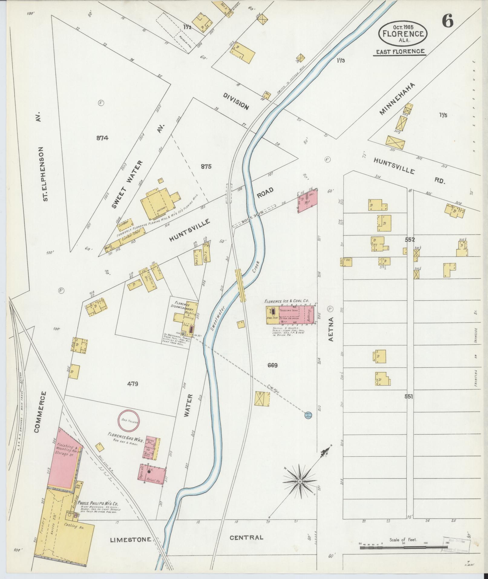 Sanborn Fire Insurance Map from Florence, Lauderdale County, Alabama (1905), Sheet #0006 - Historic Sanborn Fire Insurance Map Print, vintage old map wall art, antique decor, genealogy gift, Alabama Alabama map