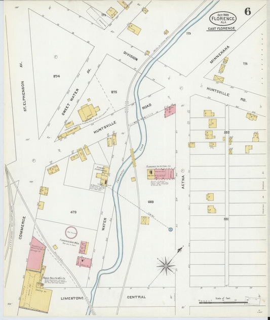 Sanborn Fire Insurance Map from Florence, Lauderdale County, Alabama (1905), Sheet #0006 - Historic Sanborn Fire Insurance Map Print, vintage old map wall art, antique decor, genealogy gift, Alabama Alabama map