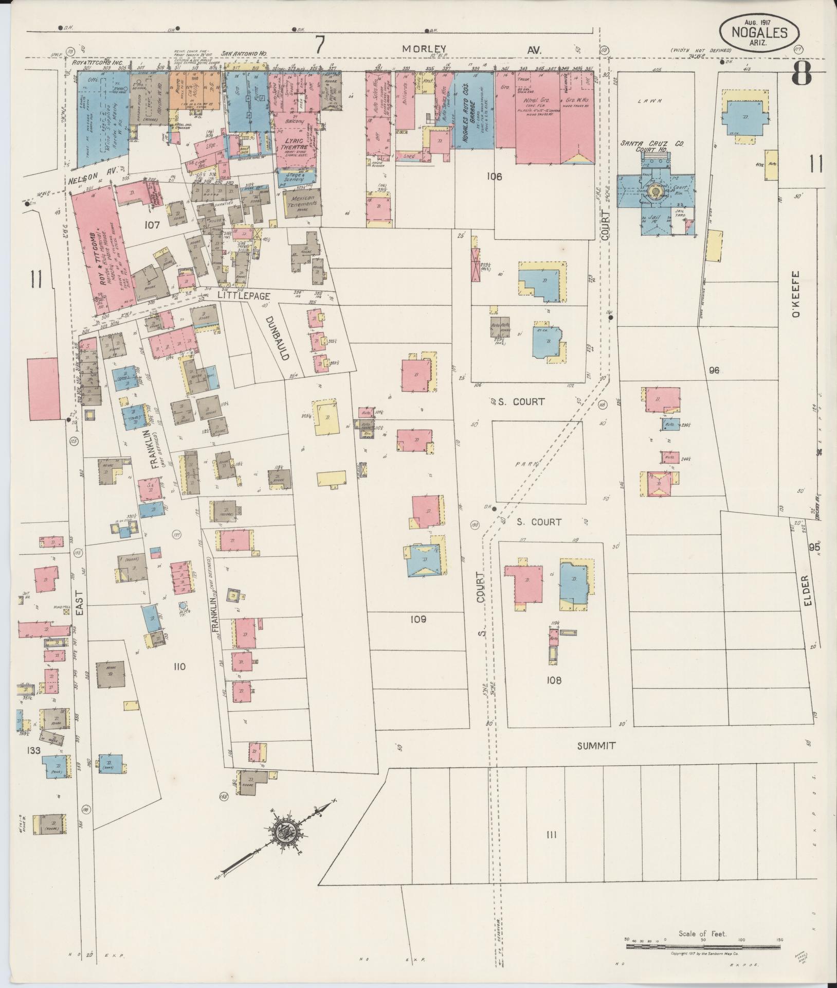 Sanborn Fire Insurance Map from Nogales, Santa Cruz County, Arizona (1917), Sheet #0008 - Complete Map Set gallery image, historic Sanborn map, vintage wall art, Arizona Arizona
