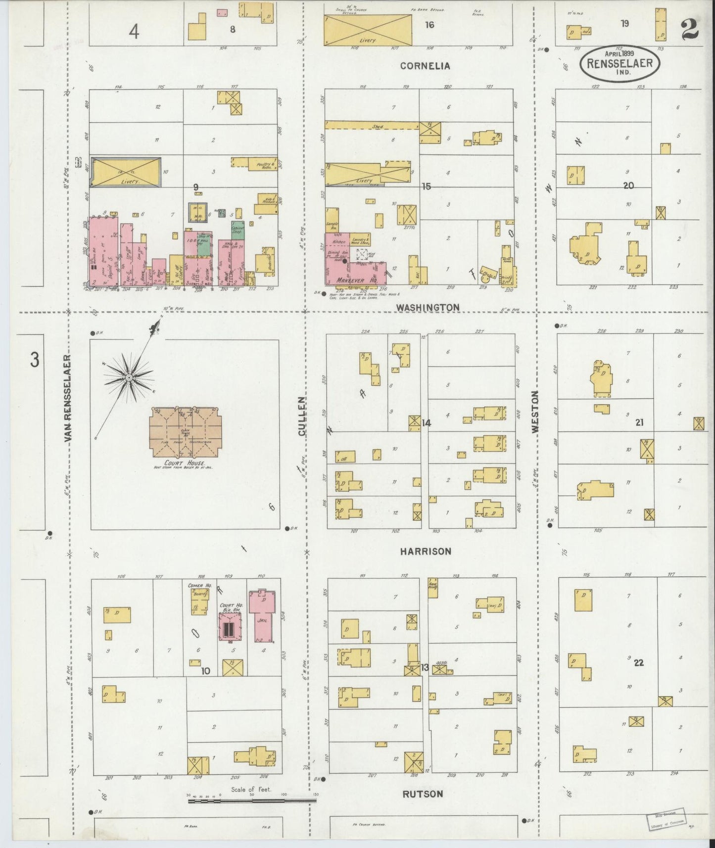 Sanborn Fire Insurance Map from Rensselaer, Jasper County, Indiana (1899), Sheet #0002 - Complete Map Set gallery image, historic Sanborn map, vintage wall art, Indiana Indiana