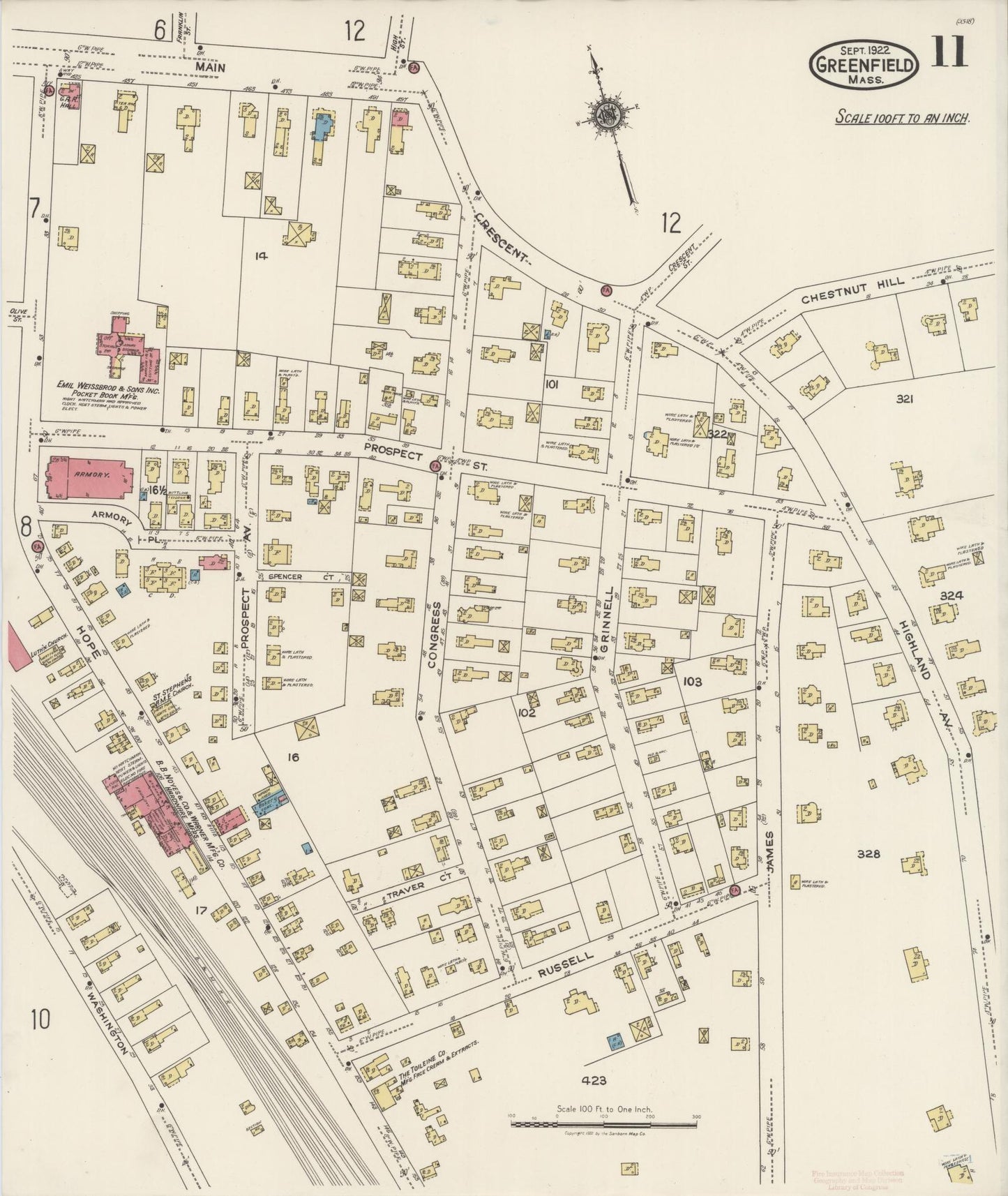 Sanborn Fire Insurance Map from Greenfield, Franklin County, Massachusetts (1922), Sheet #0011 - Complete Map Set gallery image, historic Sanborn map, vintage wall art, Massachusetts Massachusetts