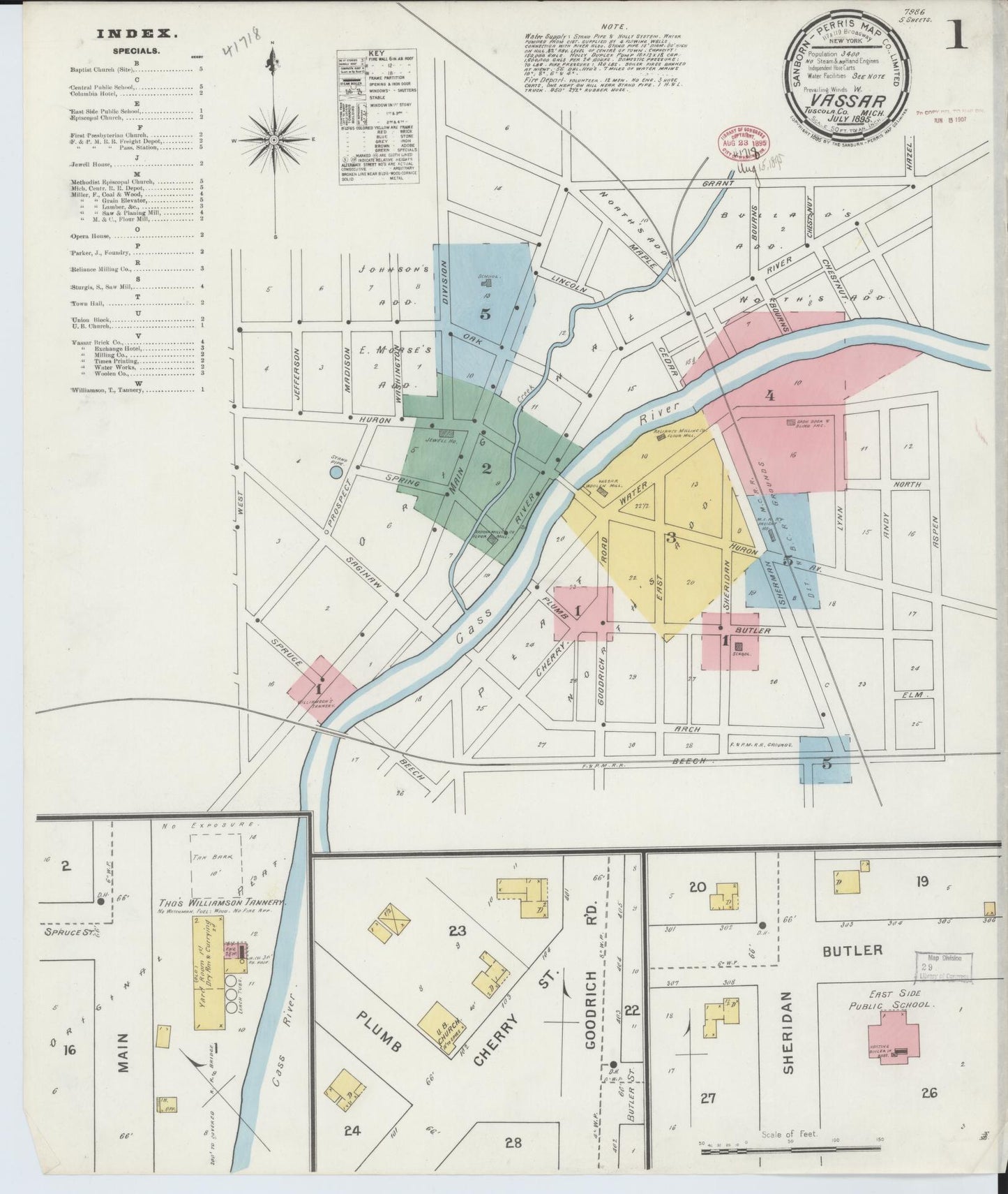 Sanborn Fire Insurance Map from Vassar, Tuscola County, Michigan (1895), Sheet #0001 - Complete Map Set gallery image, historic Sanborn map, vintage wall art, Michigan Michigan