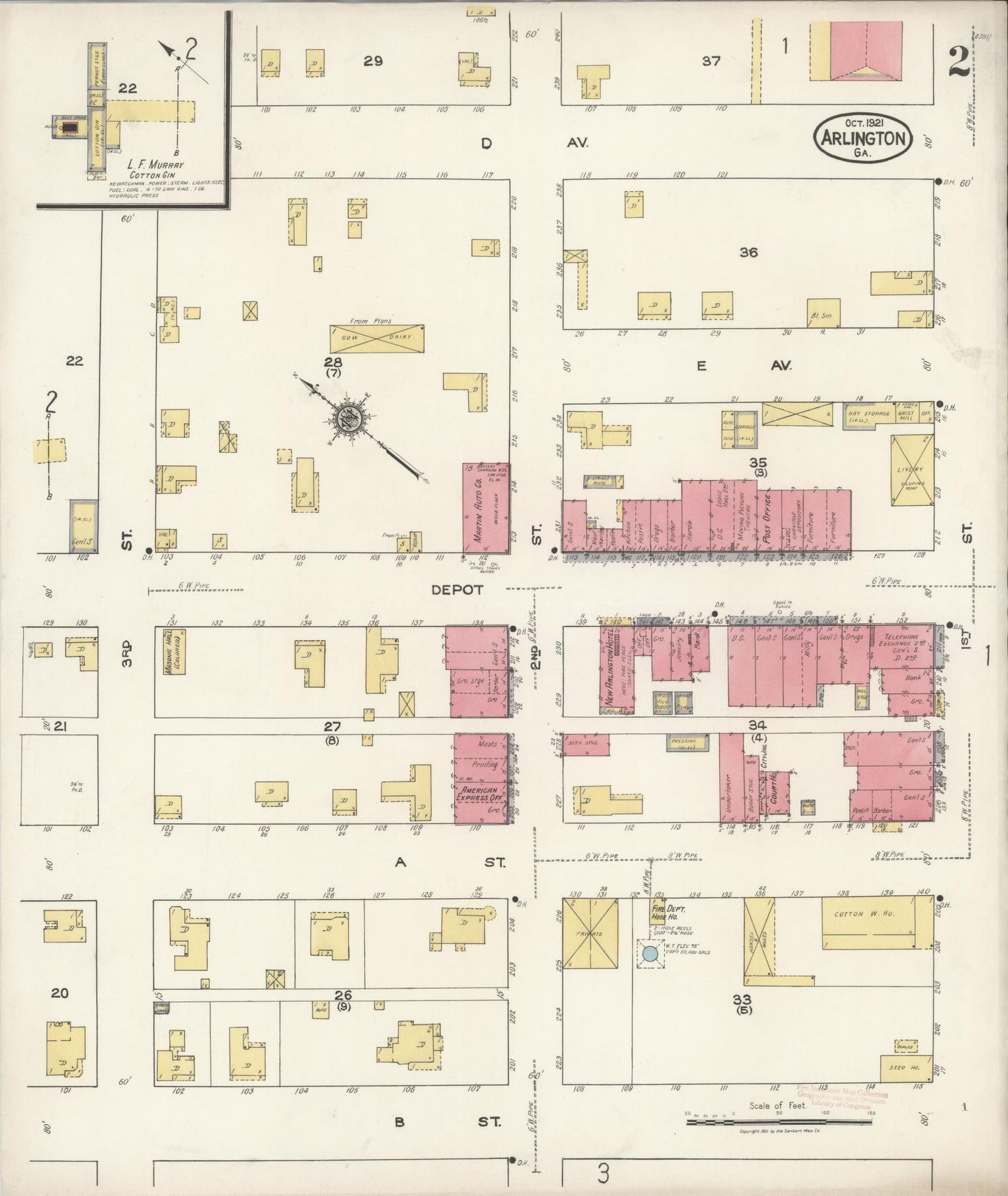 Sanborn Fire Insurance Map from Arlington, Calhoun County And Early County, Georgia (1921), Sheet #0002 - Complete Map Set gallery image, historic Sanborn map, vintage wall art, Georgia Georgia