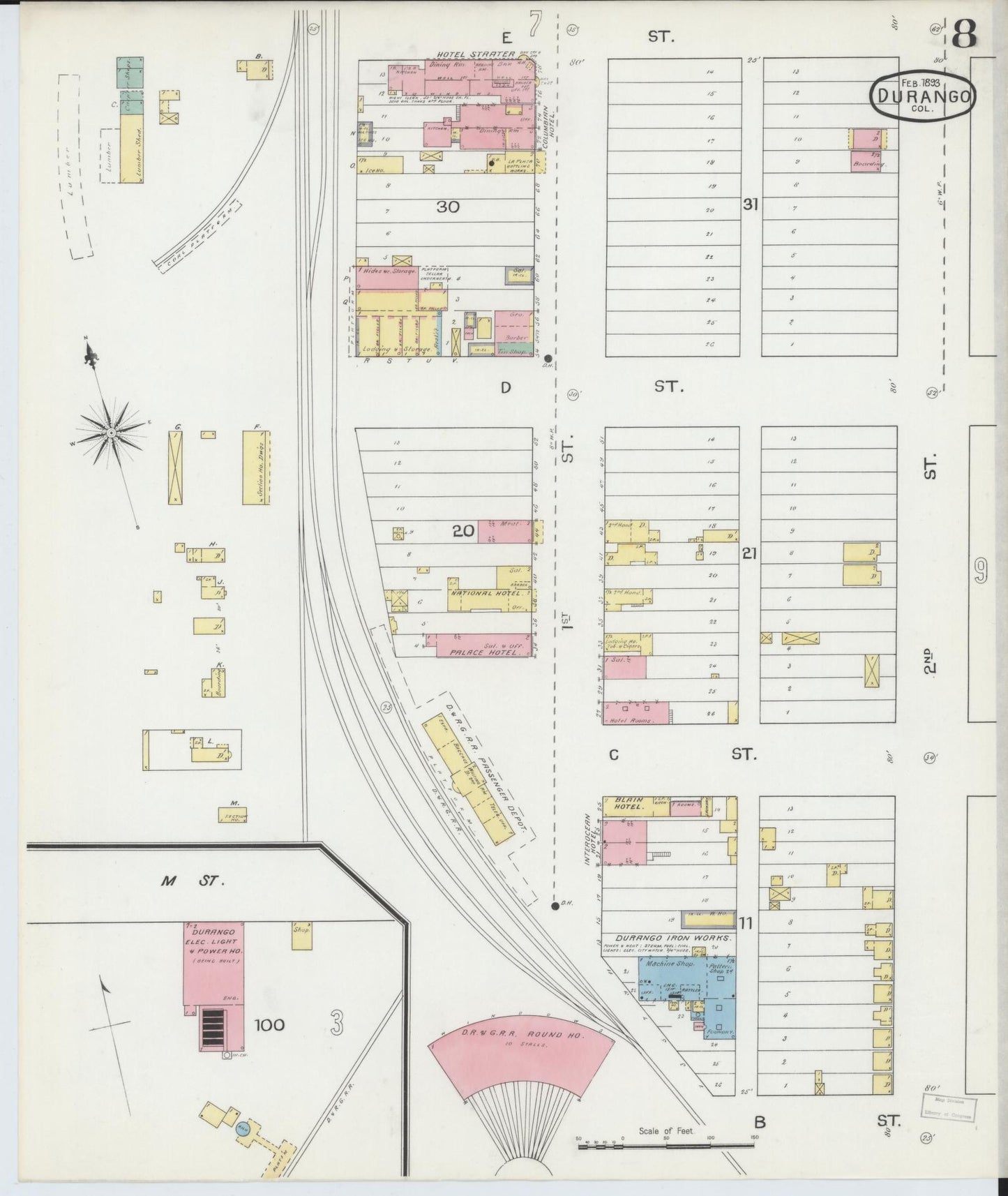 Sanborn Fire Insurance Map from Durango, La Plata County, Colorado (1893), Sheet #0008 - Historic Sanborn Fire Insurance Map Print, vintage old map wall art, antique decor, genealogy gift, Colorado Colorado map