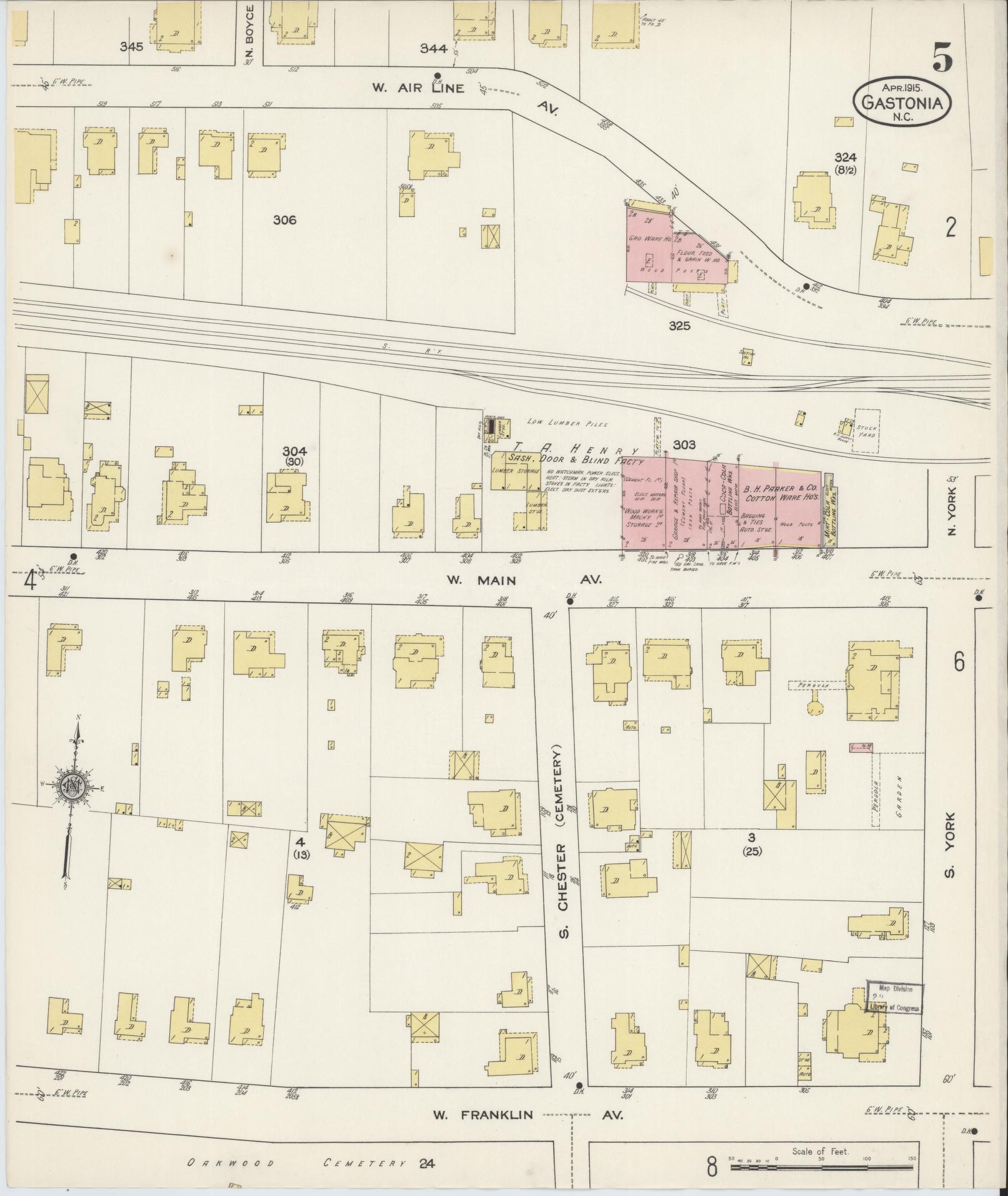 Sanborn Fire Insurance Map from Gastonia, Gaston County, North Carolina (1915), Sheet #0005 - Historic Sanborn Fire Insurance Map Print, vintage old map wall art, antique decor, genealogy gift, North Carolina North Carolina map