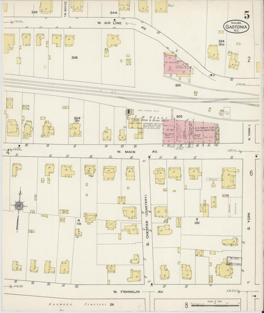Sanborn Fire Insurance Map from Gastonia, Gaston County, North Carolina (1915), Sheet #0005 - Historic Sanborn Fire Insurance Map Print, vintage old map wall art, antique decor, genealogy gift, North Carolina North Carolina map