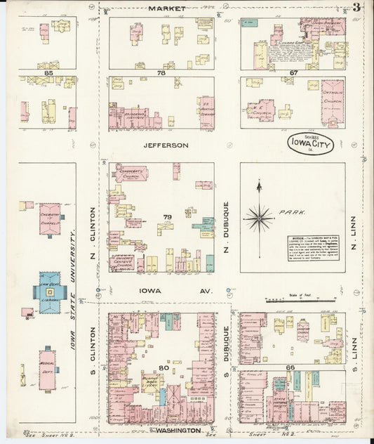 Sanborn Fire Insurance Map from Iowa City, Johnson County, Iowa (1883), Sheet #0003 - Historic Sanborn Fire Insurance Map Print, vintage old map wall art
