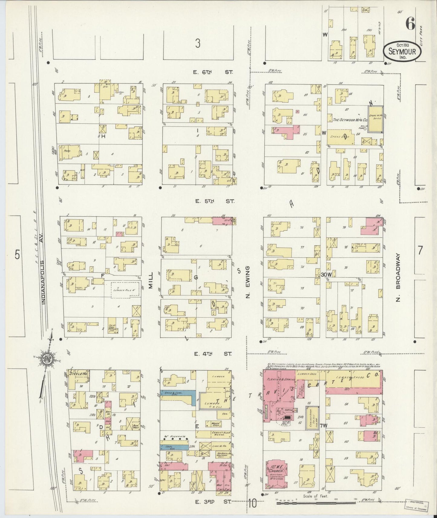Sanborn Fire Insurance Map from Seymour, Jackson County, Indiana (1913), Sheet #0006 - Complete Map Set gallery image, historic Sanborn map, vintage wall art, Indiana Indiana