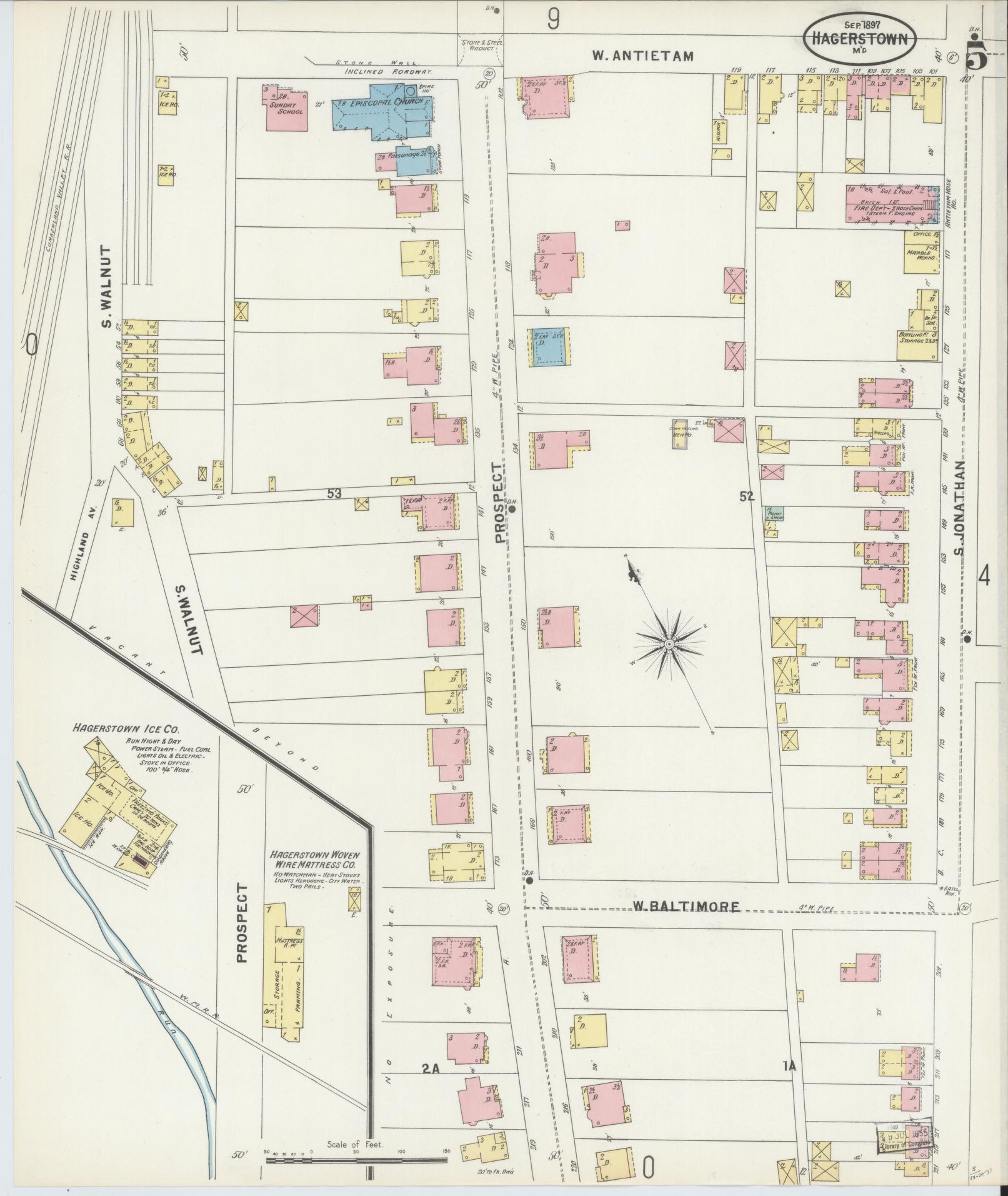 Washington, Maryland - 1897 - Sanborn Fire Insurance Map, Sheet #0005 - Historic Sanborn Fire Insurance Map Print, Washington Maryland 1897 0005 vintage old map wall art