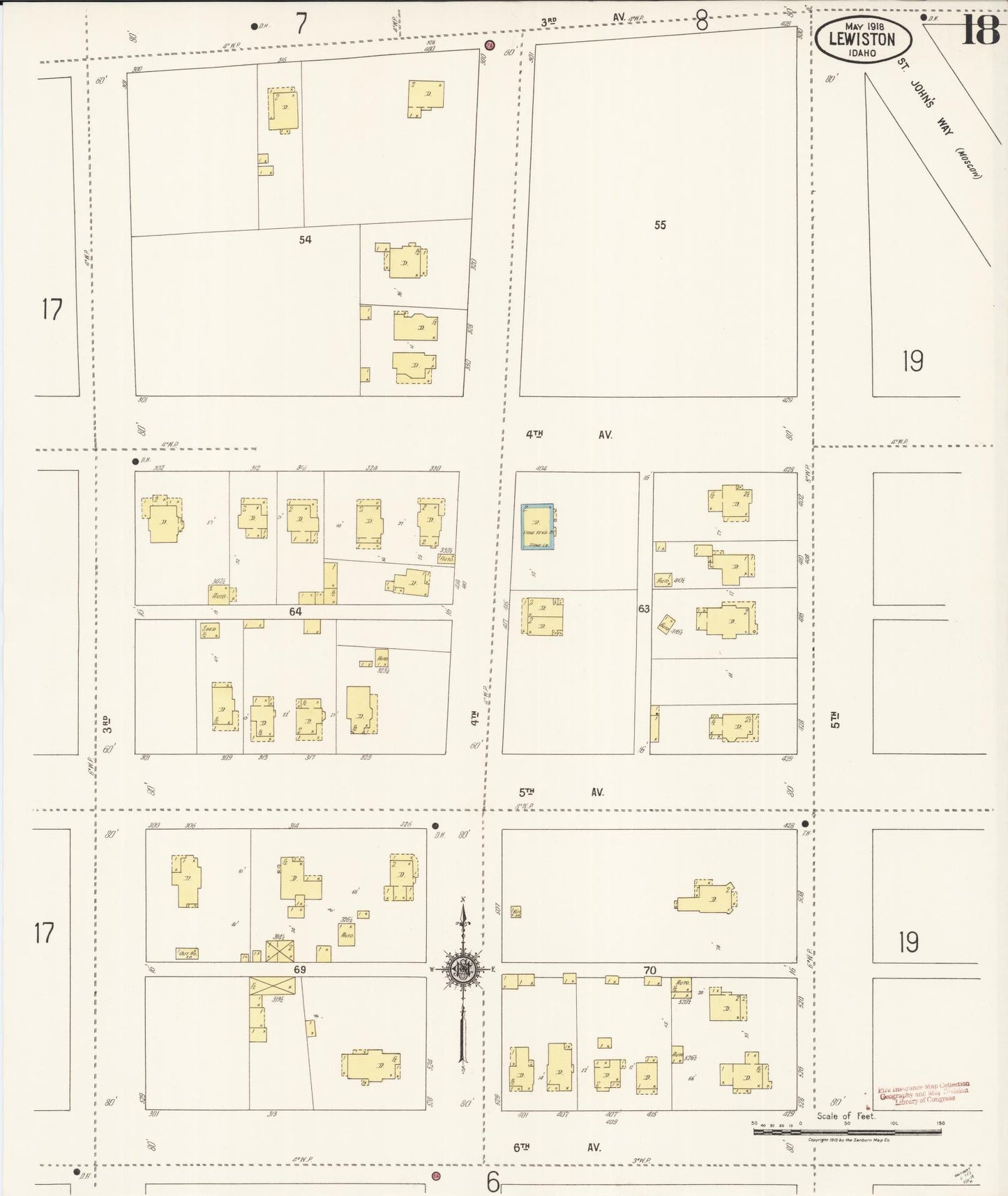 Sanborn Fire Insurance Map from Lewiston, Nez Perce County, Idaho (1918), Sheet #0018 - Complete Map Set gallery image, historic Sanborn map, vintage wall art, Idaho Idaho