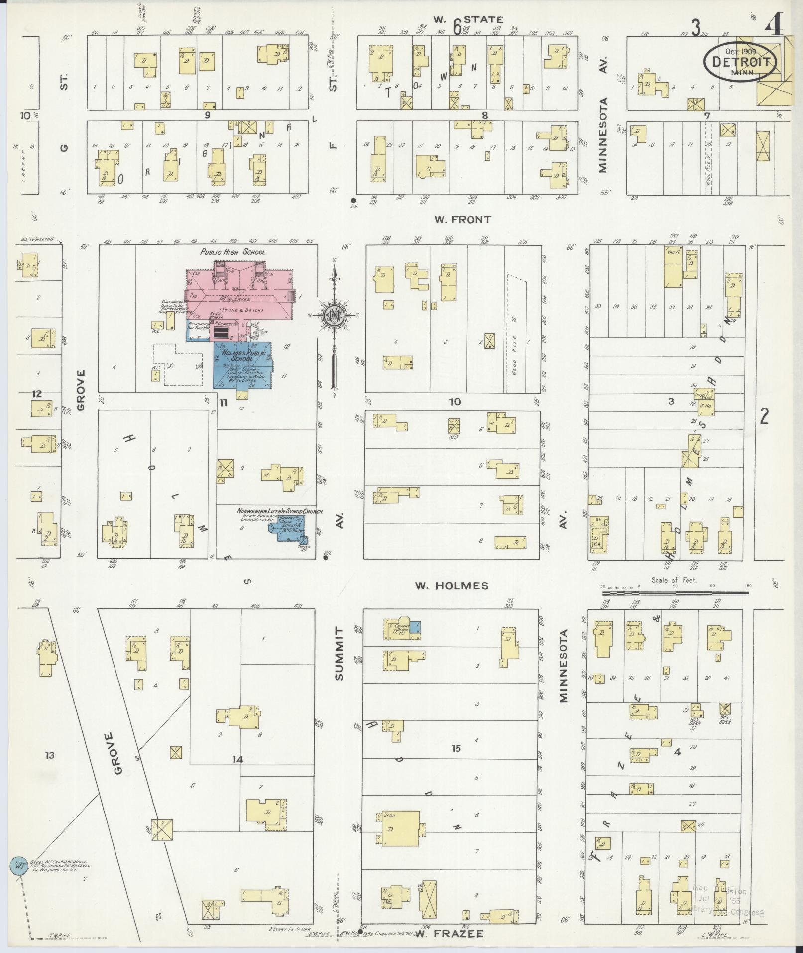 Sanborn Fire Insurance Map from Detroit Lakes, Becker County, Minnesota (1909), Sheet #0004 - Historic Sanborn Fire Insurance Map Print, vintage old map wall art, antique decor, genealogy gift, Minnesota Minnesota map