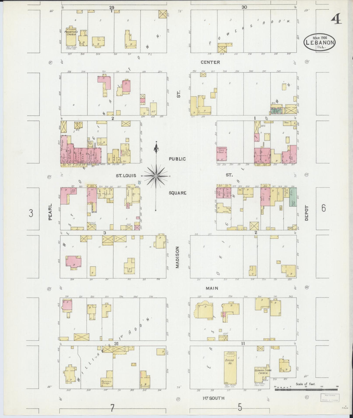 Sanborn Fire Insurance Map from Lebanon, Saint Clair County, Illinois (1906), Sheet #0004 - Complete Map Set gallery image, historic Sanborn map, vintage wall art, Illinois Illinois