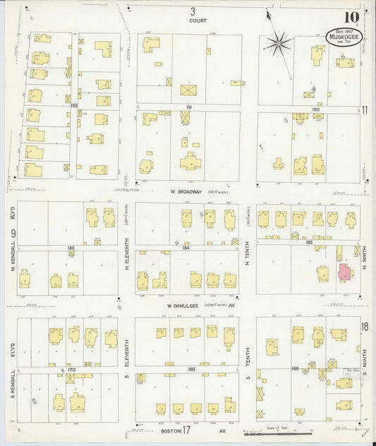 Sanborn Fire Insurance Map from Muskogee, Muskogee County, Oklahoma (1907), Sheet #0010 - Historic Sanborn Fire Insurance Map Print, vintage old map wall art, antique decor, genealogy gift, Oklahoma Oklahoma map