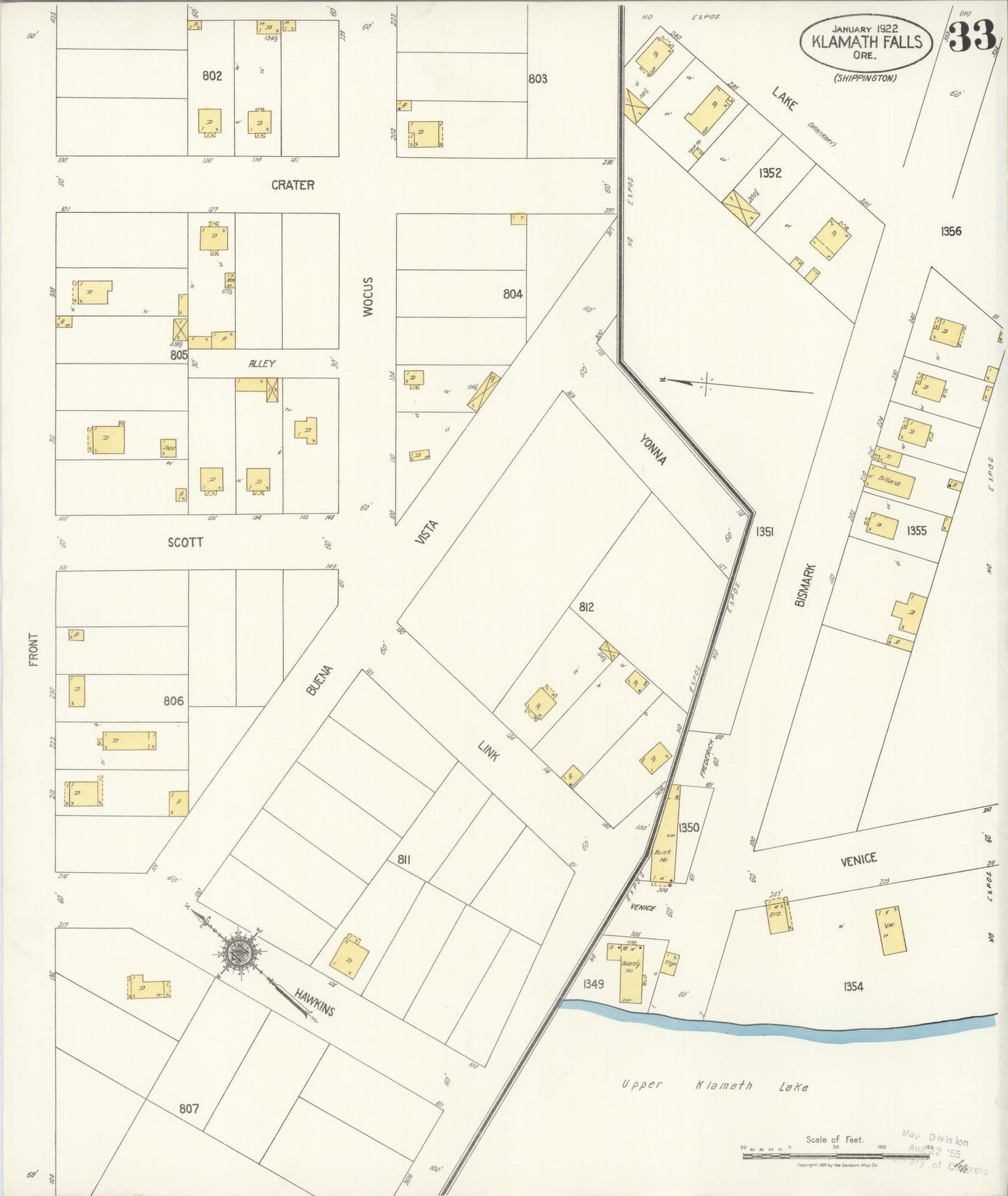 Sanborn Fire Insurance Map from Klamath Falls, Klamath County, Oregon (1921), Sheet #0033 - Historic Sanborn Fire Insurance Map Print, vintage old map wall art, antique decor, genealogy gift, Oregon Oregon map