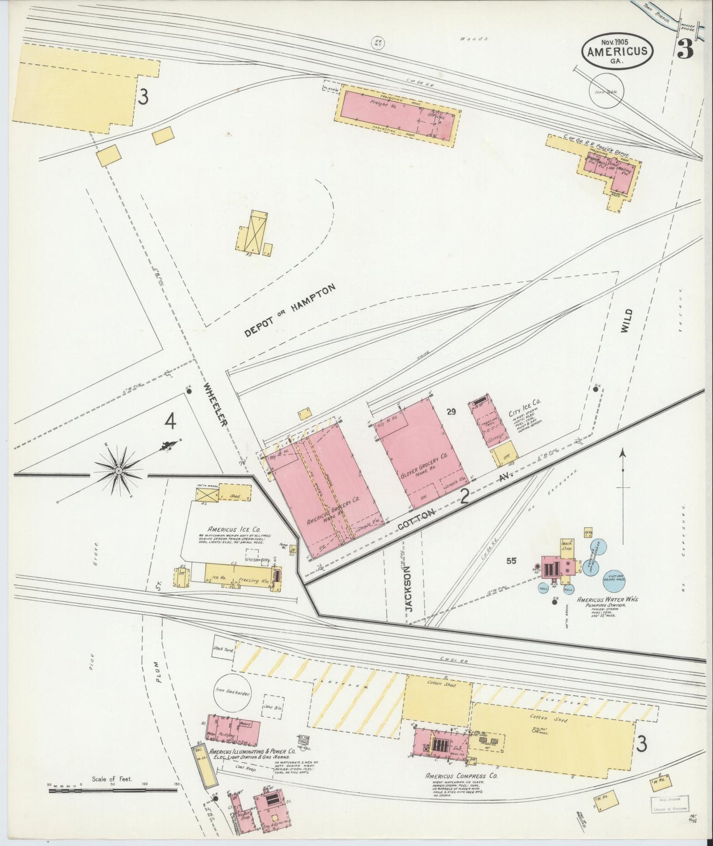 Sanborn Fire Insurance Map from Americus, Sumter County, Georgia (1905), Sheet #0003 - Complete Map Set gallery image, historic Sanborn map, vintage wall art, Georgia Georgia