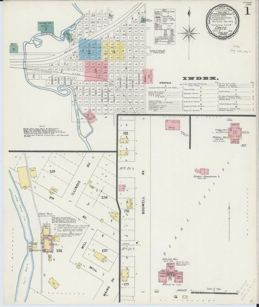 Sanborn Fire Insurance Map from Crete, Saline County, Nebraska (1897), Sheet #0001 - Historic Sanborn Fire Insurance Map Print, vintage old map wall art, antique decor, genealogy gift, Nebraska Nebraska map
