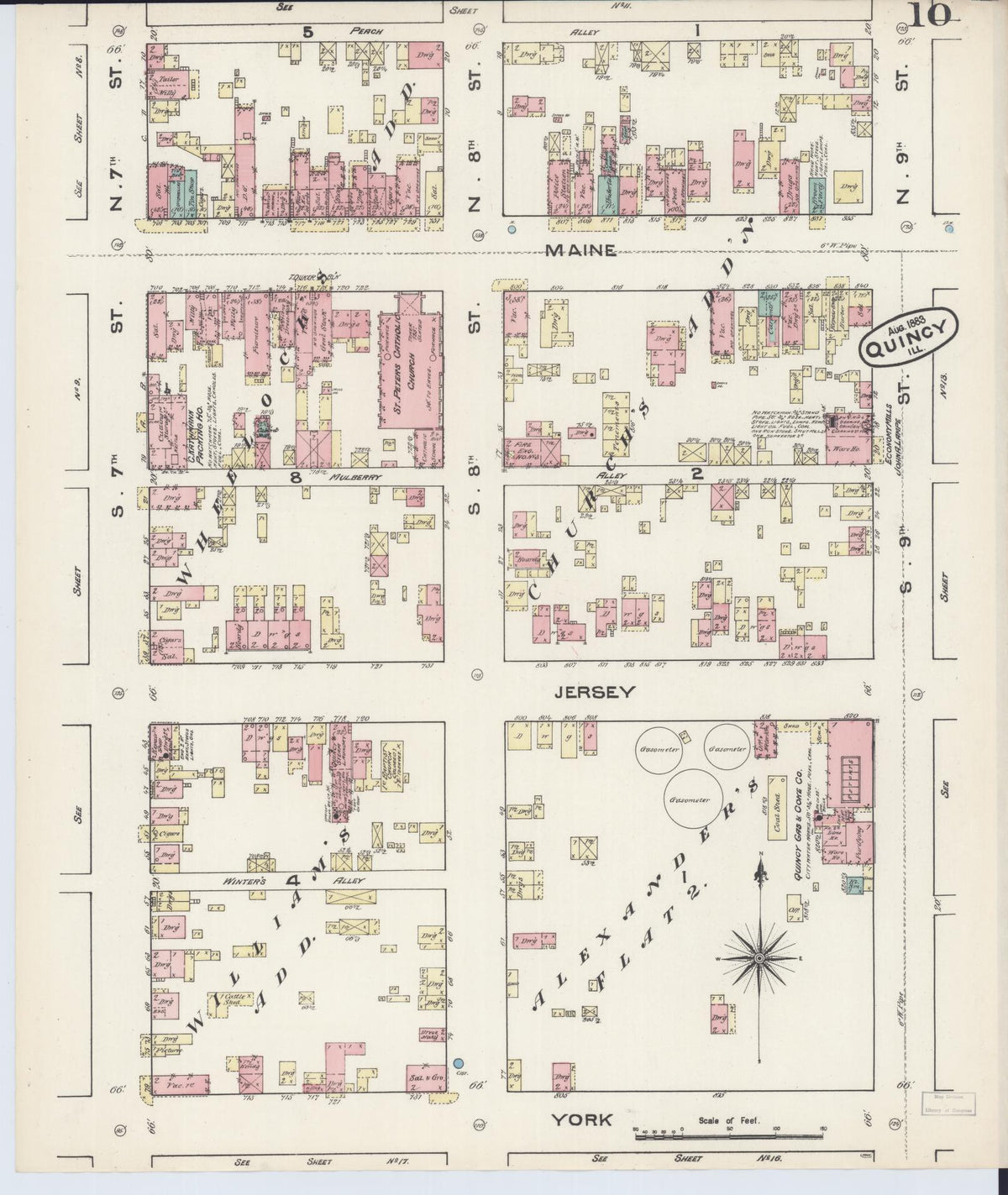 Sanborn Fire Insurance Map from Quincy, Adams County, Illinois (1883), Sheet #0010 - Historic Sanborn Fire Insurance Map Print, vintage old map wall art, antique decor, genealogy gift, Illinois Illinois map
