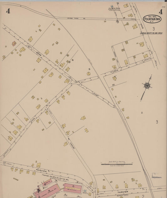 Sanborn Fire Insurance Map from Fountain Inn, Greenville And Laurens County, South Carolina (1922), Sheet #0004 - Historic Sanborn Fire Insurance Map Print, vintage old map wall art, antique decor, genealogy gift, South Carolina South Carolina map