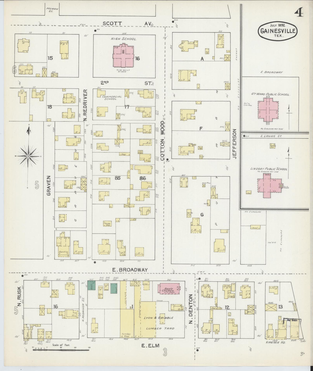 Sanborn Fire Insurance Map from Gainesville, Cooke County, Texas (1892), Sheet #0004 - Historic Sanborn Fire Insurance Map Print, vintage old map wall art, antique decor, genealogy gift, Texas Texas map