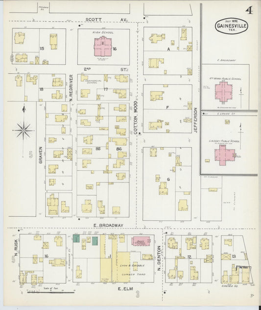 Sanborn Fire Insurance Map from Gainesville, Cooke County, Texas (1892), Sheet #0004 - Historic Sanborn Fire Insurance Map Print, vintage old map wall art, antique decor, genealogy gift, Texas Texas map