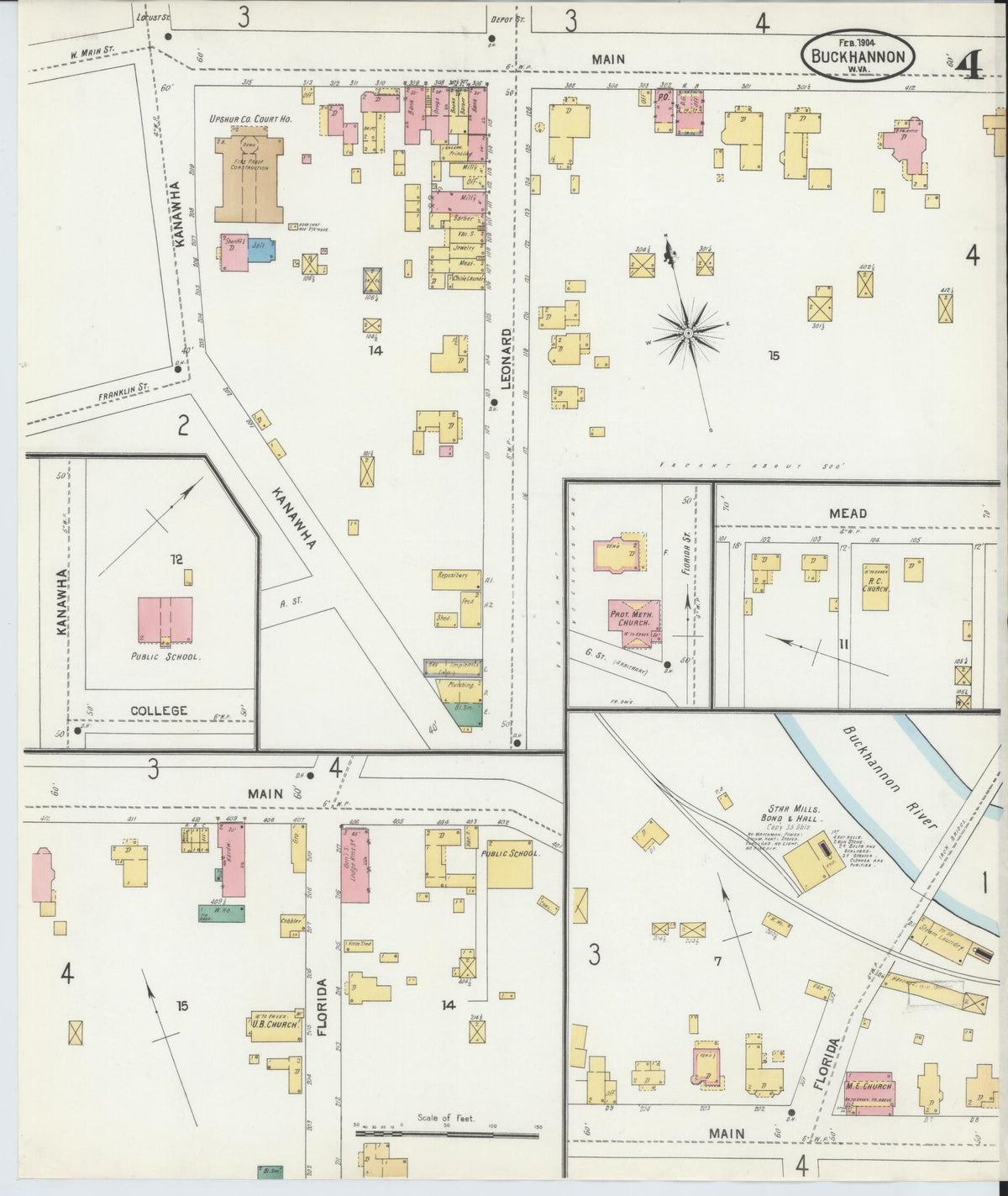 Sanborn Fire Insurance Map from Buckhannon, Upshur County, West Virginia (1904), Sheet #0004 - Historic Sanborn Fire Insurance Map Print, vintage old map wall art, antique decor, genealogy gift, West Virginia West Virginia map