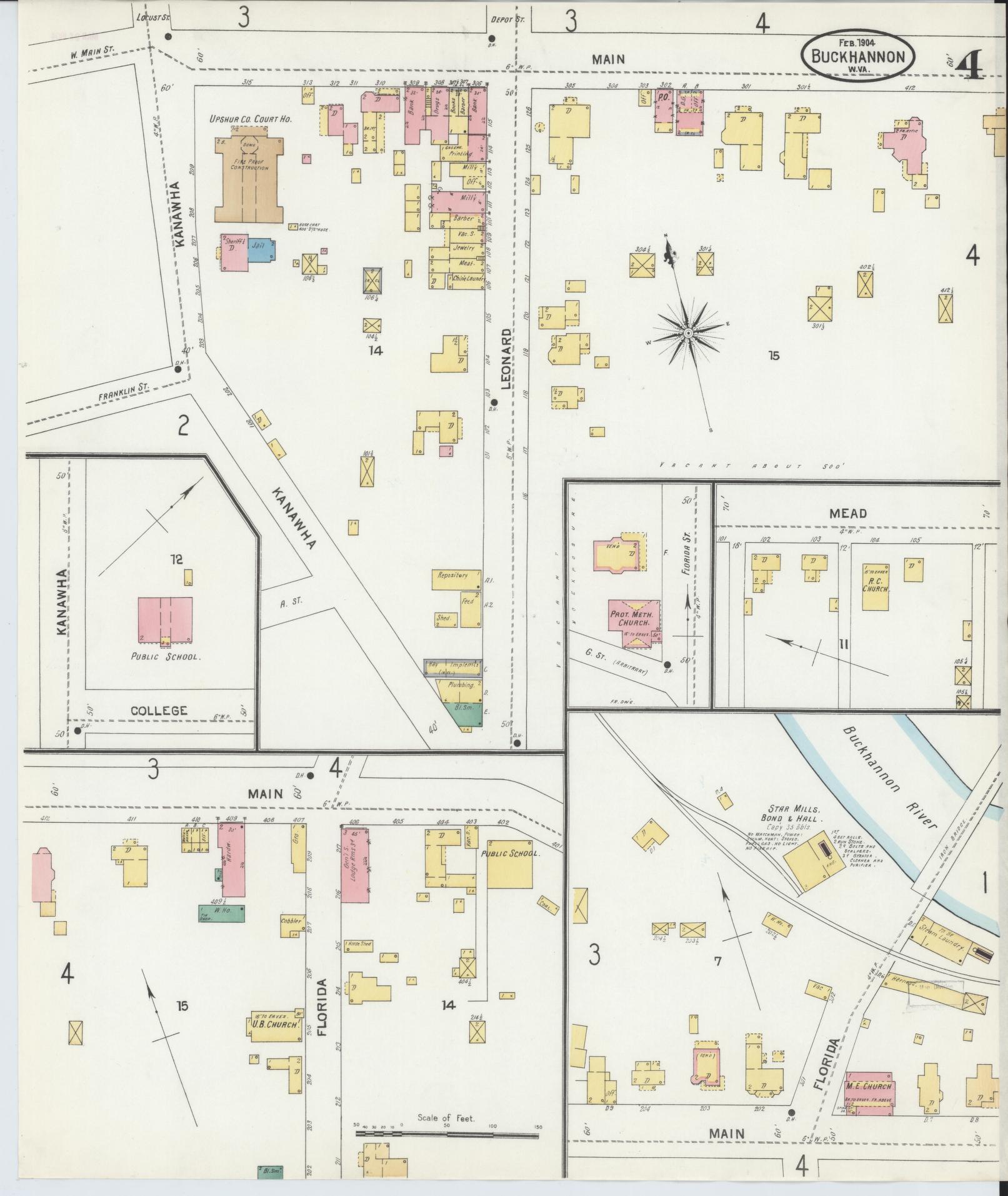 Sanborn Fire Insurance Map from Buckhannon, Upshur County, West Virginia (1904), Sheet #0004 - Historic Sanborn Fire Insurance Map Print, vintage old map wall art, antique decor, genealogy gift, West Virginia West Virginia map