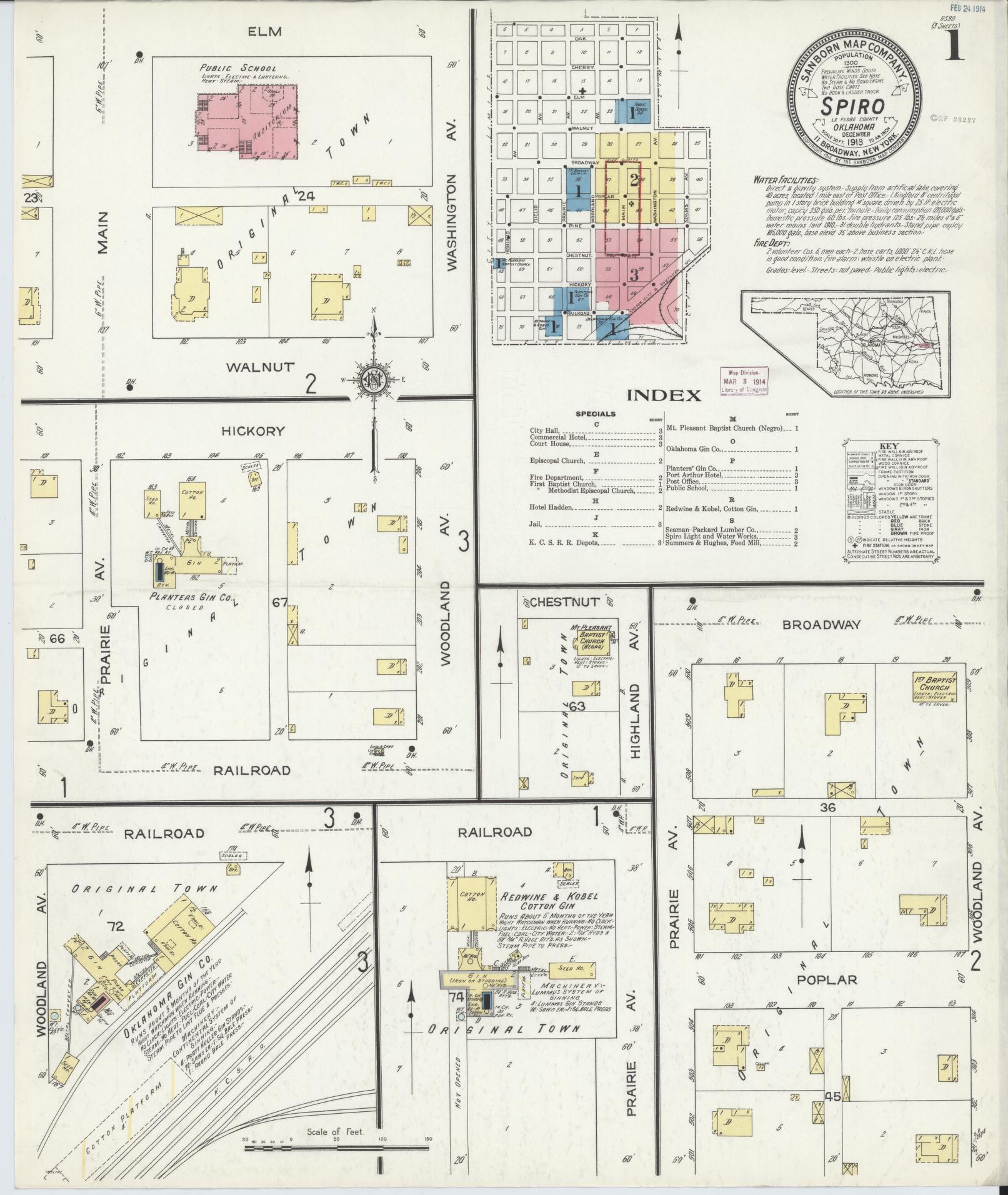 Sanborn Fire Insurance Map from Spiro, Le Flore County, Oklahoma (1913), Sheet #0001 - Historic Sanborn Fire Insurance Map Print, vintage old map wall art, antique decor, genealogy gift, Oklahoma Oklahoma map