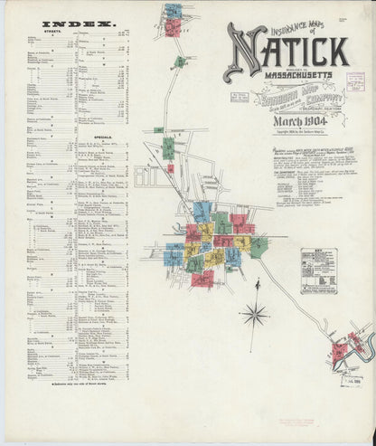 Sanborn Fire Insurance Map from Natick, Middlesex County, Massachusetts (1904), Sheet #0001 - Historic Sanborn Fire Insurance Map Print, vintage old map wall art, antique decor, genealogy gift, Massachusetts Massachusetts map