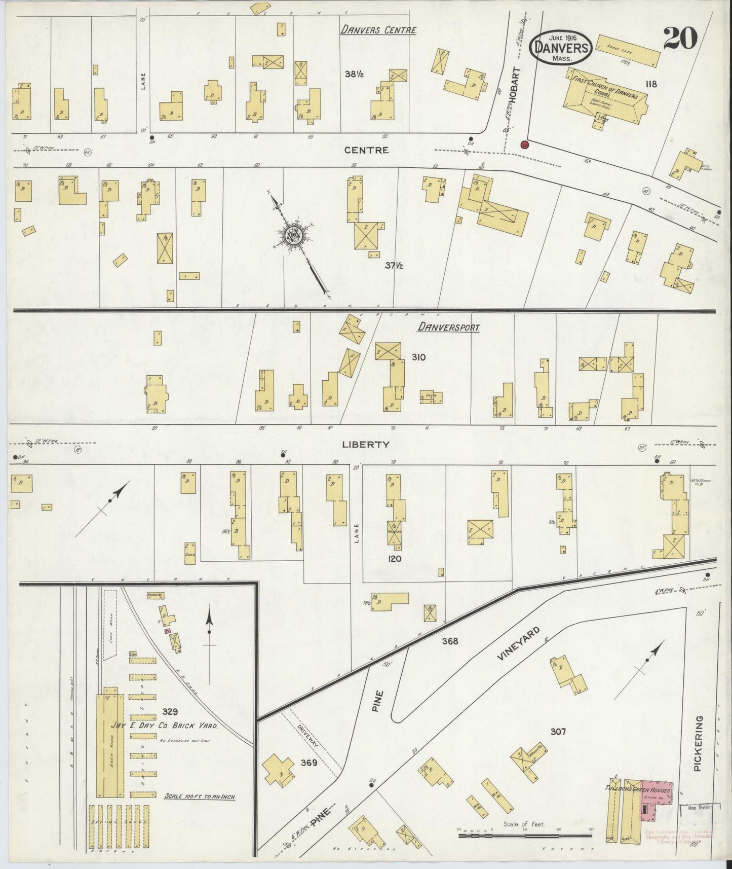 Sanborn Fire Insurance Map from Danvers, Essex County, Massachusetts (1916), Sheet #0020 - Historic Sanborn Fire Insurance Map Print, vintage old map wall art, antique decor, genealogy gift, Massachusetts Massachusetts map