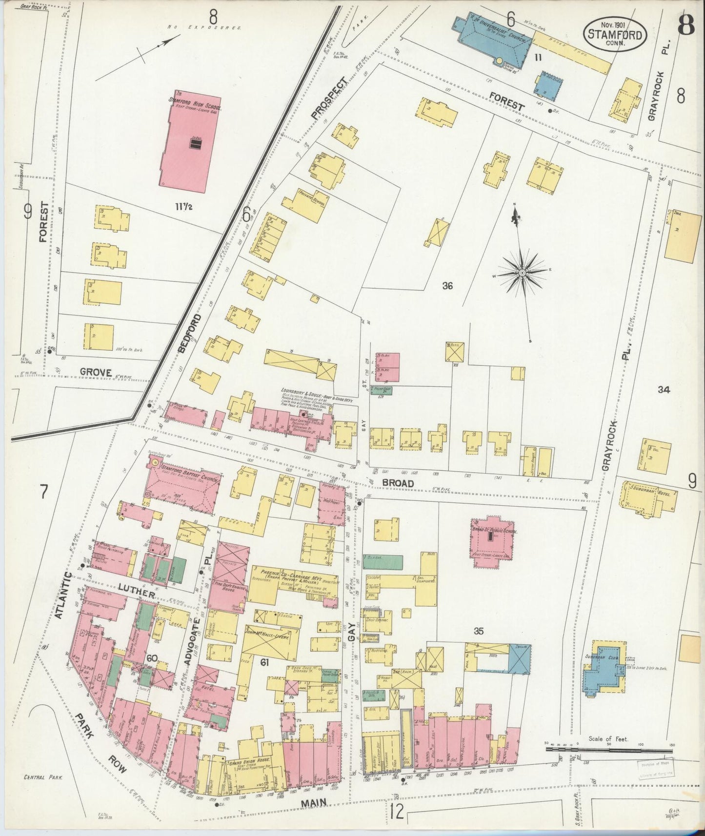 Sanborn Fire Insurance Map from Stamford, Fairfield County, Connecticut (1901), Sheet #0008 - Historic Sanborn Fire Insurance Map Print, vintage old map wall art, antique decor, genealogy gift, Connecticut Connecticut map