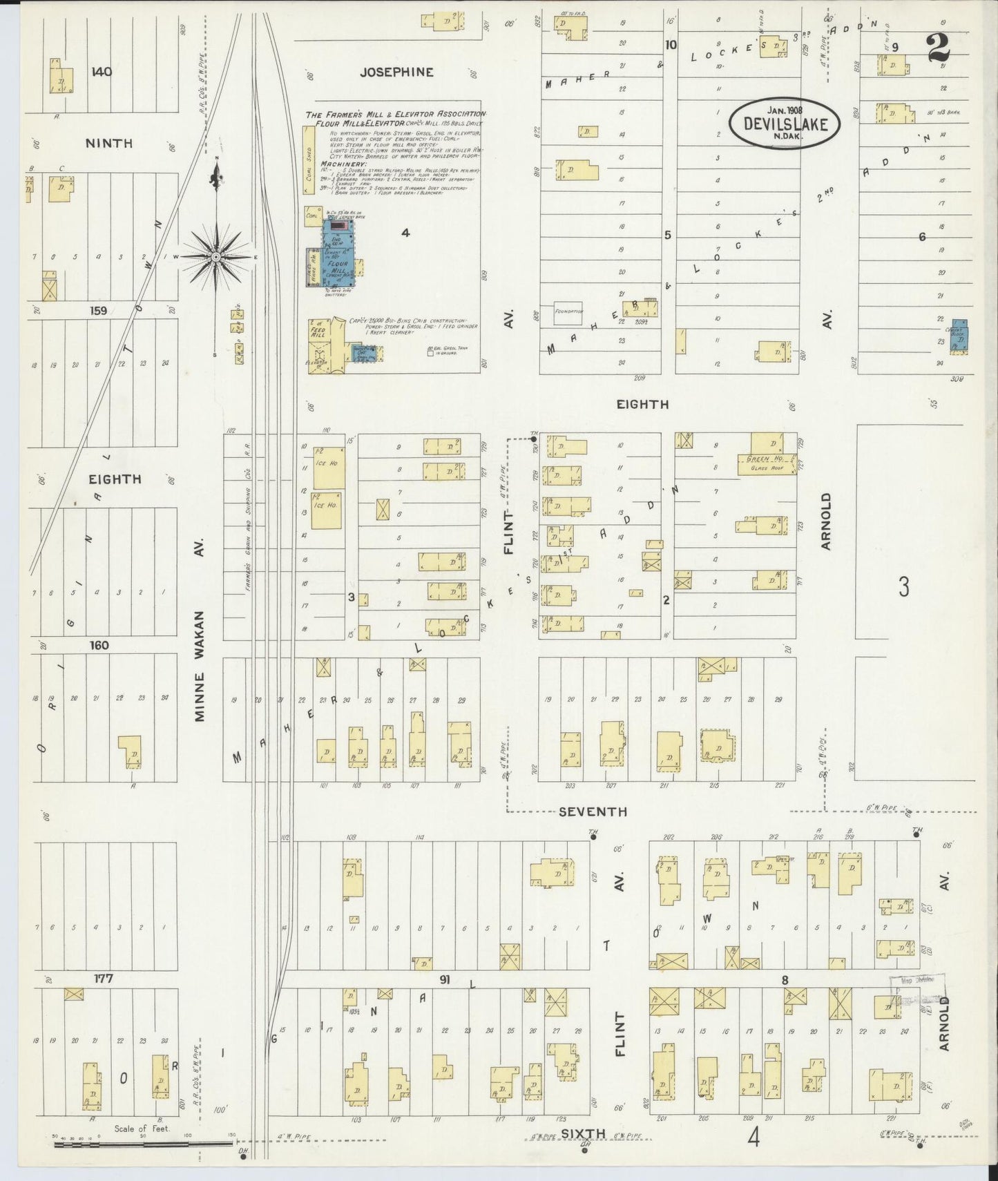 Sanborn Fire Insurance Map from Devils Lake, Ramsey County, North Dakota (1908), Sheet #0002 - Historic Sanborn Fire Insurance Map Print, vintage old map wall art, antique decor, genealogy gift, North Dakota North Dakota map