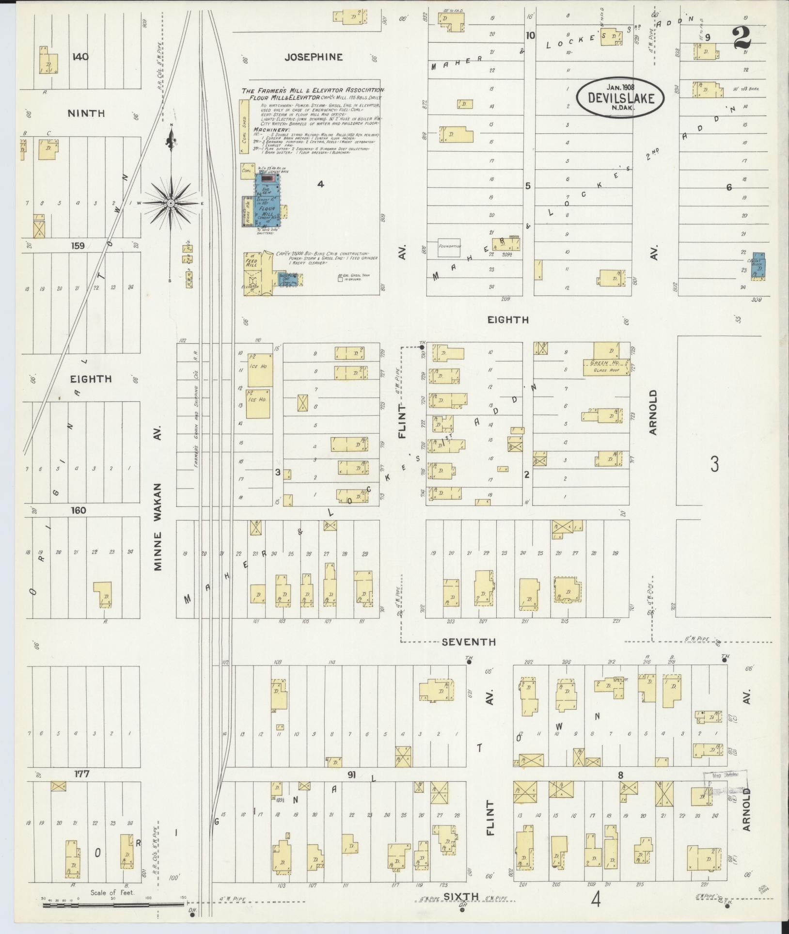 Sanborn Fire Insurance Map from Devils Lake, Ramsey County, North Dakota (1908), Sheet #0002 - Historic Sanborn Fire Insurance Map Print, vintage old map wall art, antique decor, genealogy gift, North Dakota North Dakota map