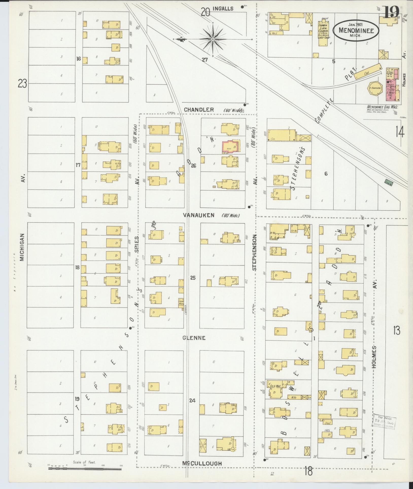 Sanborn Fire Insurance Map from Menominee, Menominee County, Michigan (1901), Sheet #0019 - Complete Map Set gallery image, historic Sanborn map, vintage wall art, Michigan Michigan