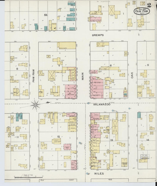 Sanborn Fire Insurance Map from Paw Paw, Van Buren County, Michigan (1892), Sheet #0002 - Historic Sanborn Fire Insurance Map Print, vintage old map wall art, antique decor, genealogy gift, Michigan Michigan map