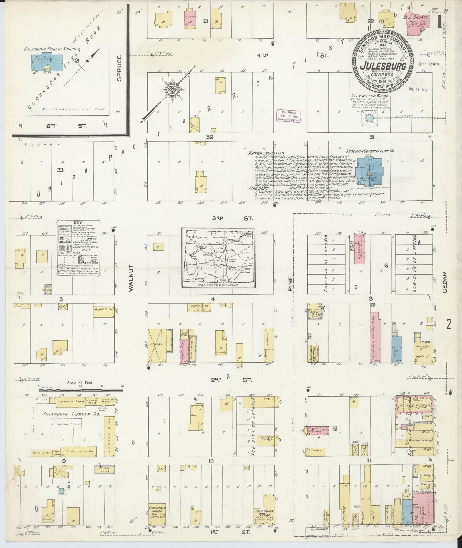 Sanborn Fire Insurance Map from Julesburg, Sedgwick County, Colorado (1913), Sheet #0001 - Historic Sanborn Fire Insurance Map Print, vintage old map wall art, antique decor, genealogy gift, Colorado Colorado map