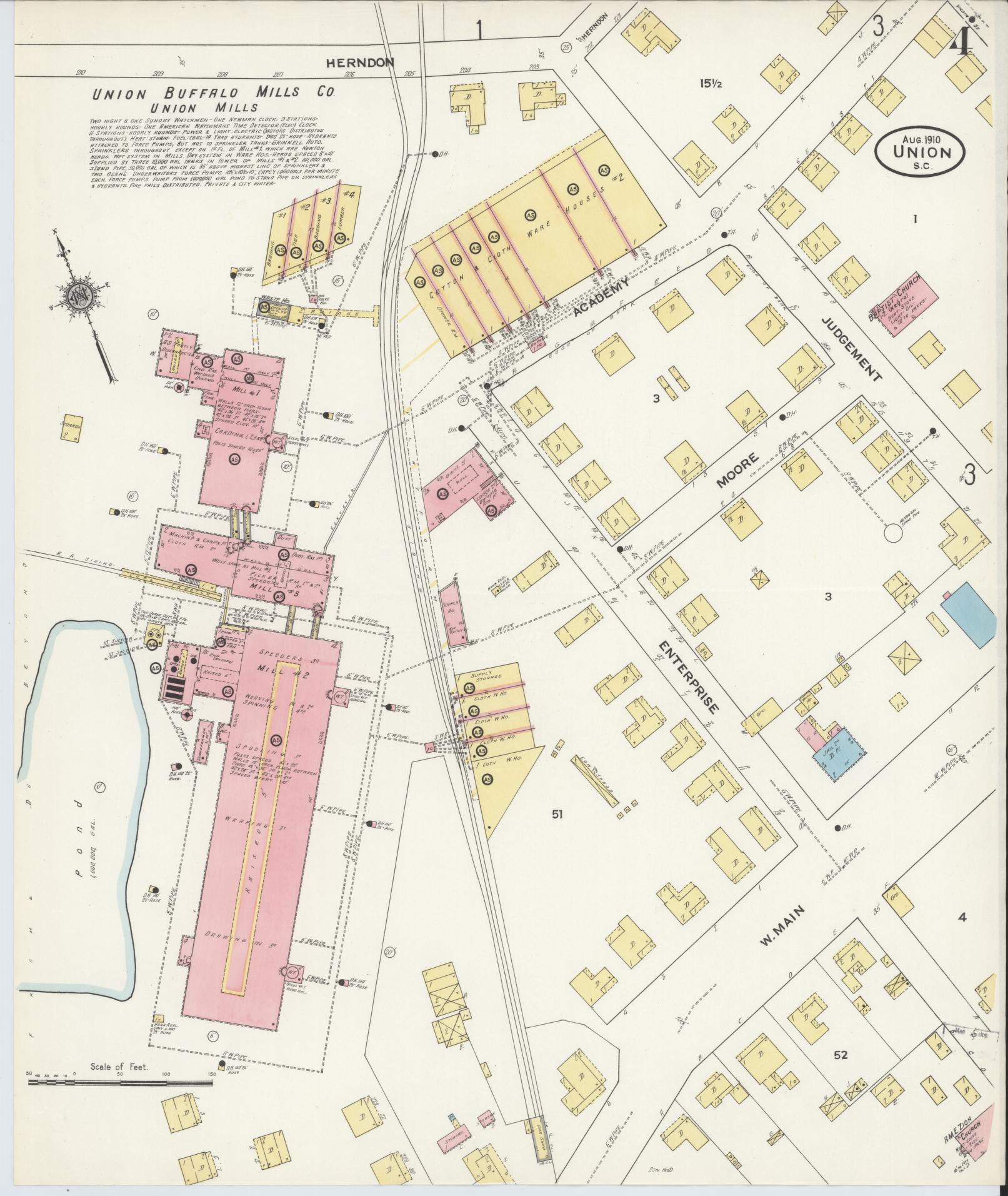 Sanborn Fire Insurance Map from Union, Union County, South Carolina (1910), Sheet #0004 - Complete Map Set gallery image, historic Sanborn map, vintage wall art, South Carolina South Carolina