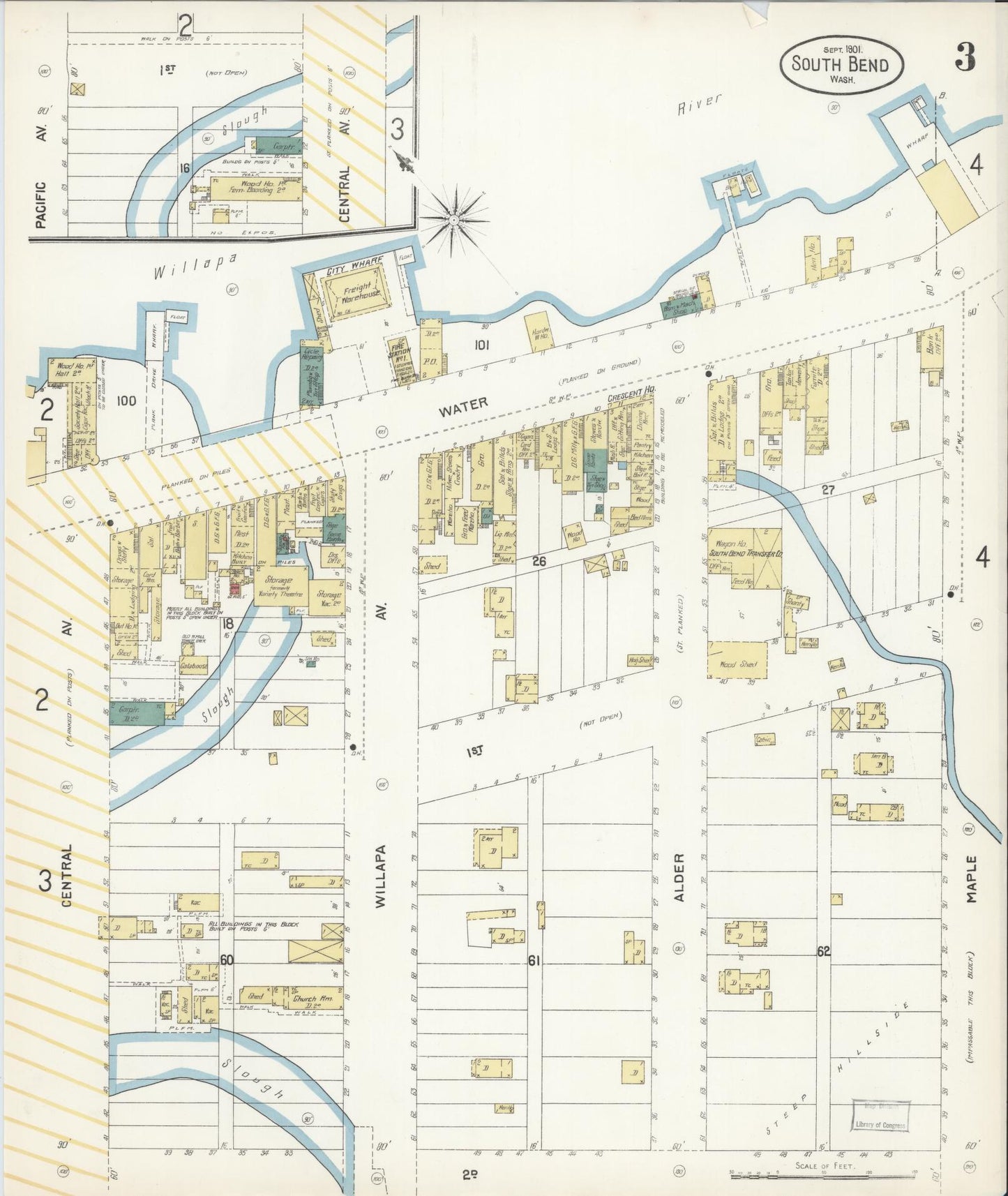 Sanborn Fire Insurance Map from South Bend, Pacific County, Washington (1901), Sheet #0003 - Historic Sanborn Fire Insurance Map Print, vintage old map wall art, antique decor, genealogy gift, Washington Washington map
