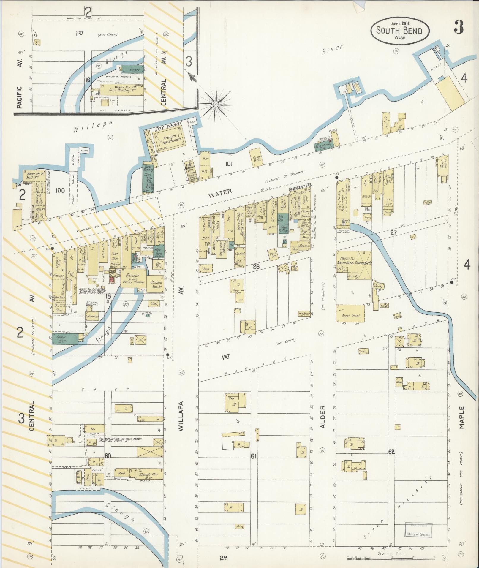Sanborn Fire Insurance Map from South Bend, Pacific County, Washington (1901), Sheet #0003 - Historic Sanborn Fire Insurance Map Print, vintage old map wall art, antique decor, genealogy gift, Washington Washington map