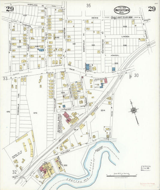 Sanborn Fire Insurance Map from Watertown, Middlesex County, Massachusetts (1923), Sheet #0029 - Historic Sanborn Fire Insurance Map Print, vintage old map wall art, antique decor, genealogy gift, Massachusetts Massachusetts map