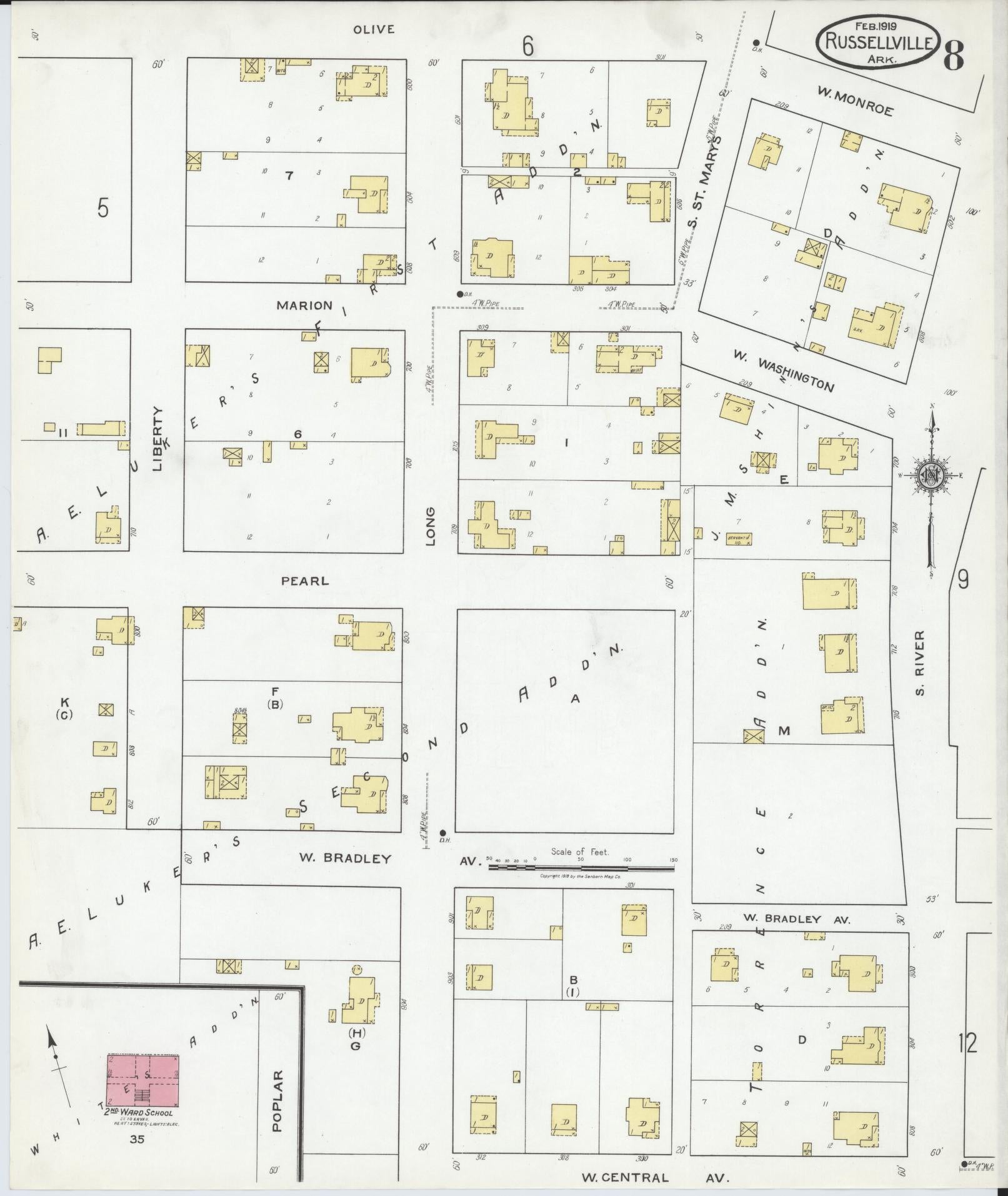 Sanborn Fire Insurance Map from Russellville, Pope County, Arkansas (1919), Sheet #0008 - Complete Map Set gallery image, historic Sanborn map, vintage wall art, Arkansas Arkansas
