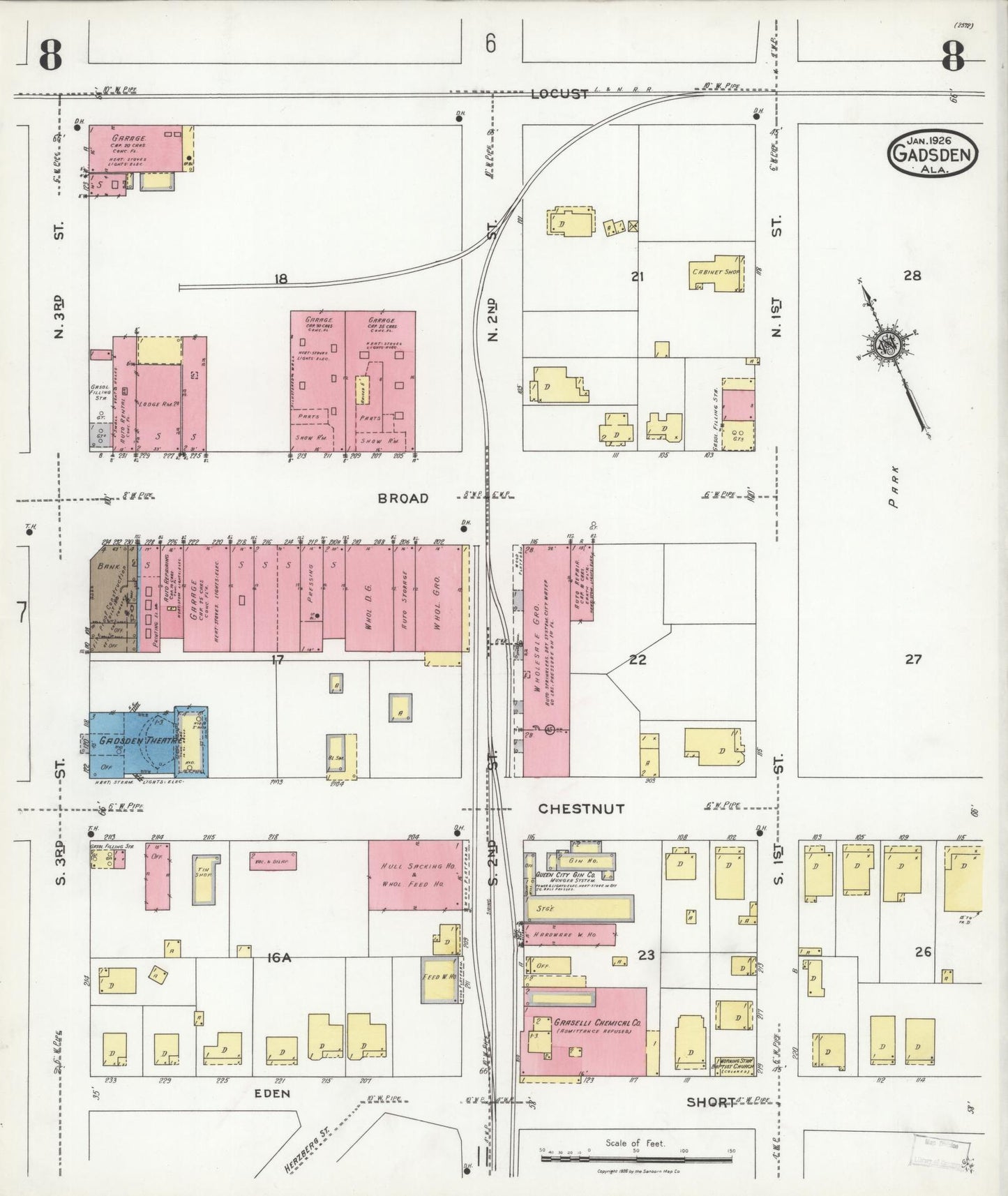 Sanborn Fire Insurance Map from Gadsden, Etowah County, Alabama (1926), Sheet #0008 - Complete Map Set gallery image, historic Sanborn map, vintage wall art, Alabama Alabama
