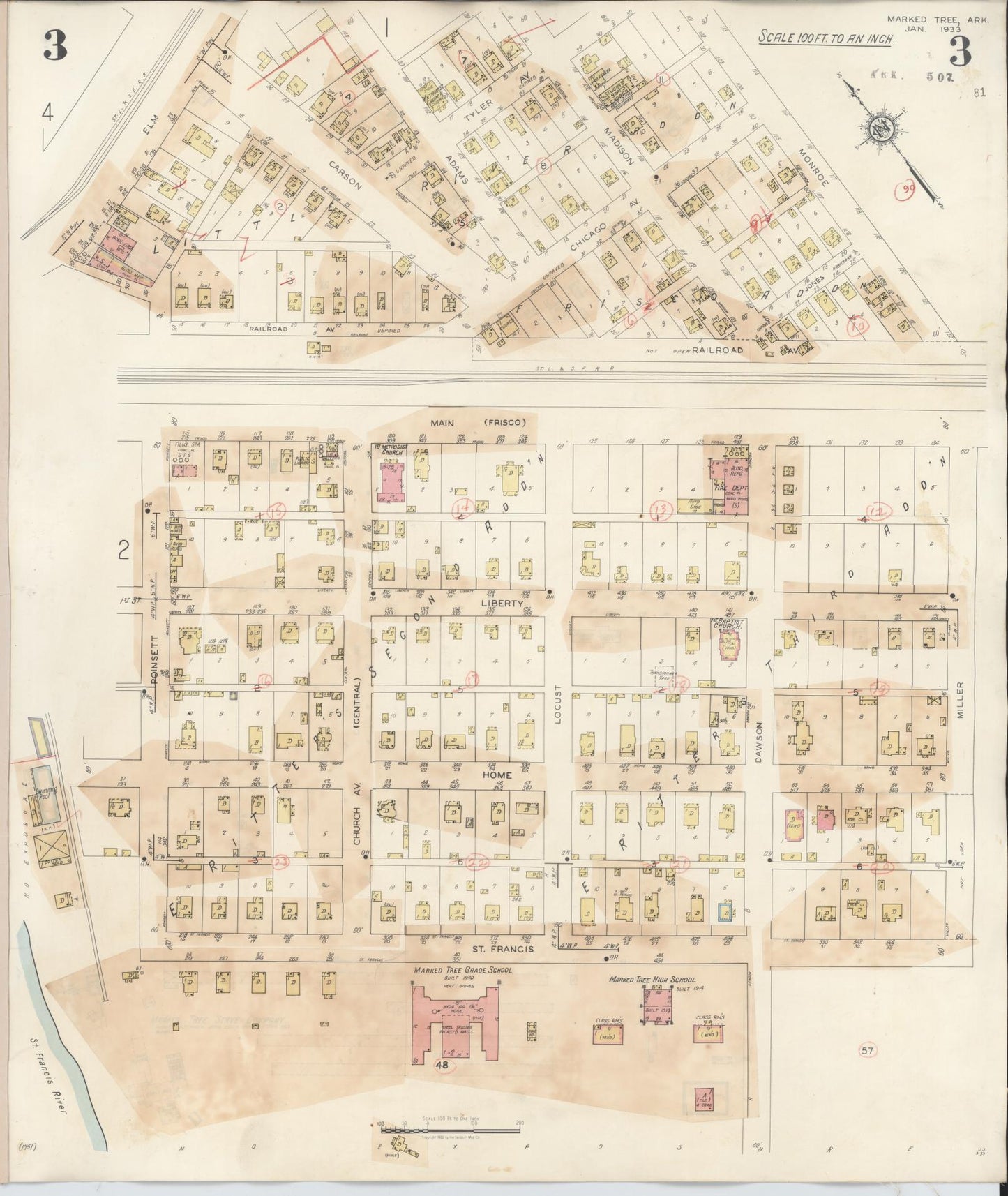Sanborn Fire Insurance Map from Marked Tree, Poinsett County, Arkansas (1941), Sheet #0003 - Historic Sanborn Fire Insurance Map Print, vintage old map wall art, antique decor, genealogy gift, Arkansas Arkansas map