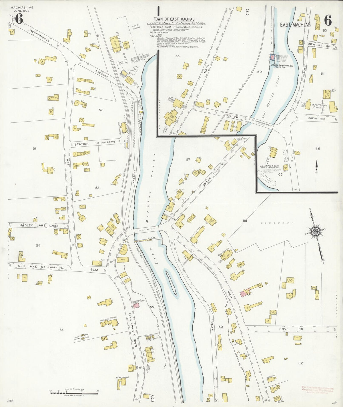 Sanborn Fire Insurance Map from Machias, Washington County, Maine (1938), Sheet #0006 - Historic Sanborn Fire Insurance Map Print, vintage old map wall art, antique decor, genealogy gift, Maine Maine map