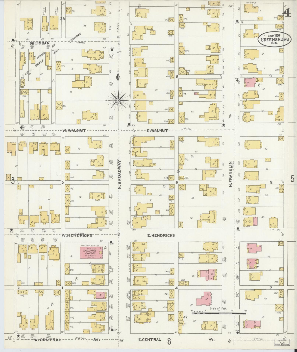 Sanborn Fire Insurance Map from Greensburg, Decatur County, Indiana (1906), Sheet #0004 - Historic Sanborn Fire Insurance Map Print, vintage old map wall art, antique decor, genealogy gift, Indiana Indiana map