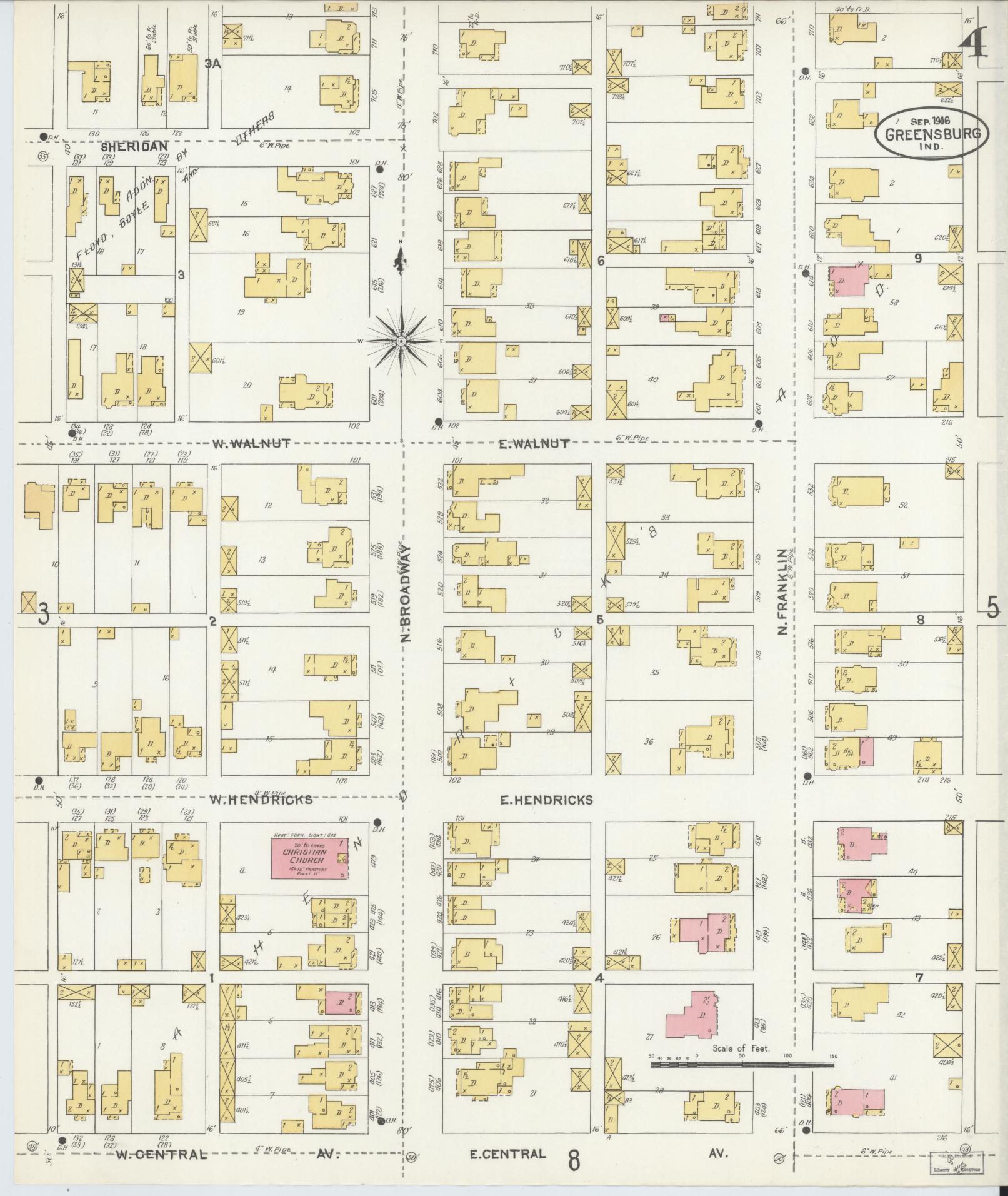 Sanborn Fire Insurance Map from Greensburg, Decatur County, Indiana (1906), Sheet #0004 - Historic Sanborn Fire Insurance Map Print, vintage old map wall art, antique decor, genealogy gift, Indiana Indiana map