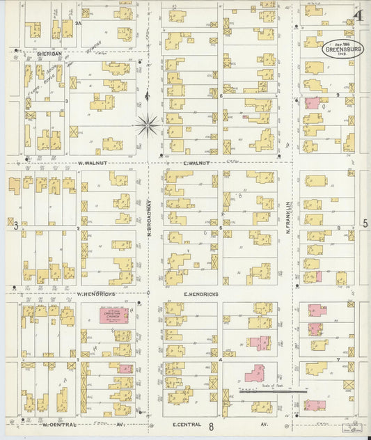 Sanborn Fire Insurance Map from Greensburg, Decatur County, Indiana (1906), Sheet #0004 - Historic Sanborn Fire Insurance Map Print, vintage old map wall art, antique decor, genealogy gift, Indiana Indiana map