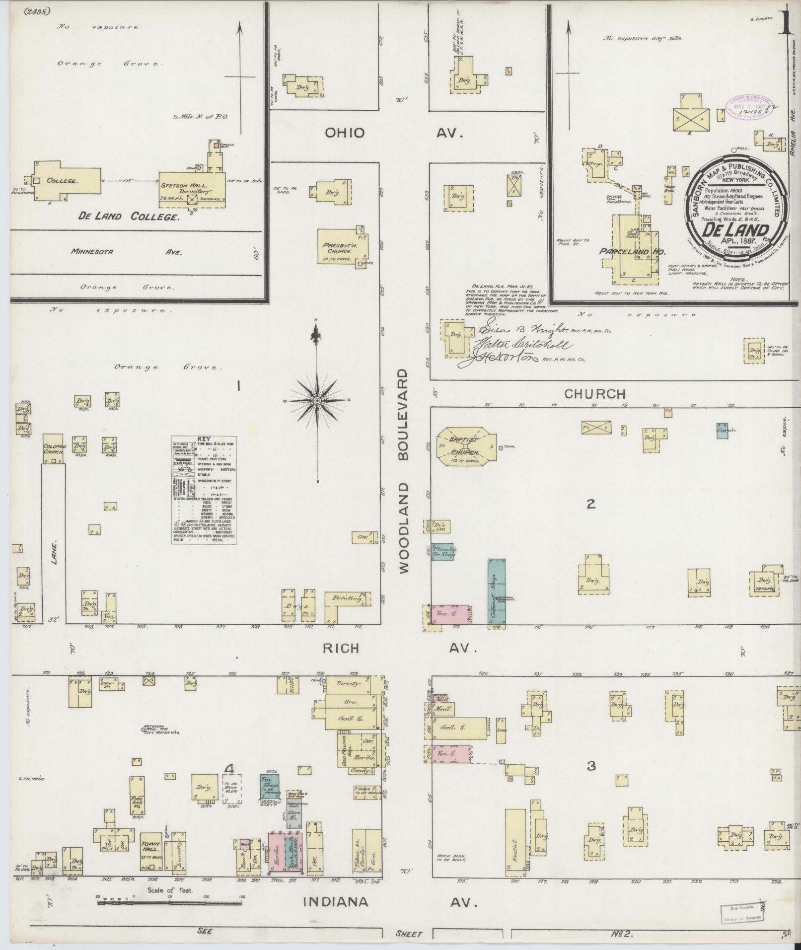 Sanborn Fire Insurance Map from De Land, Volusia County, Florida (1887), Sheet #0001 - Complete Map Set gallery image, historic Sanborn map, vintage wall art, Florida Florida