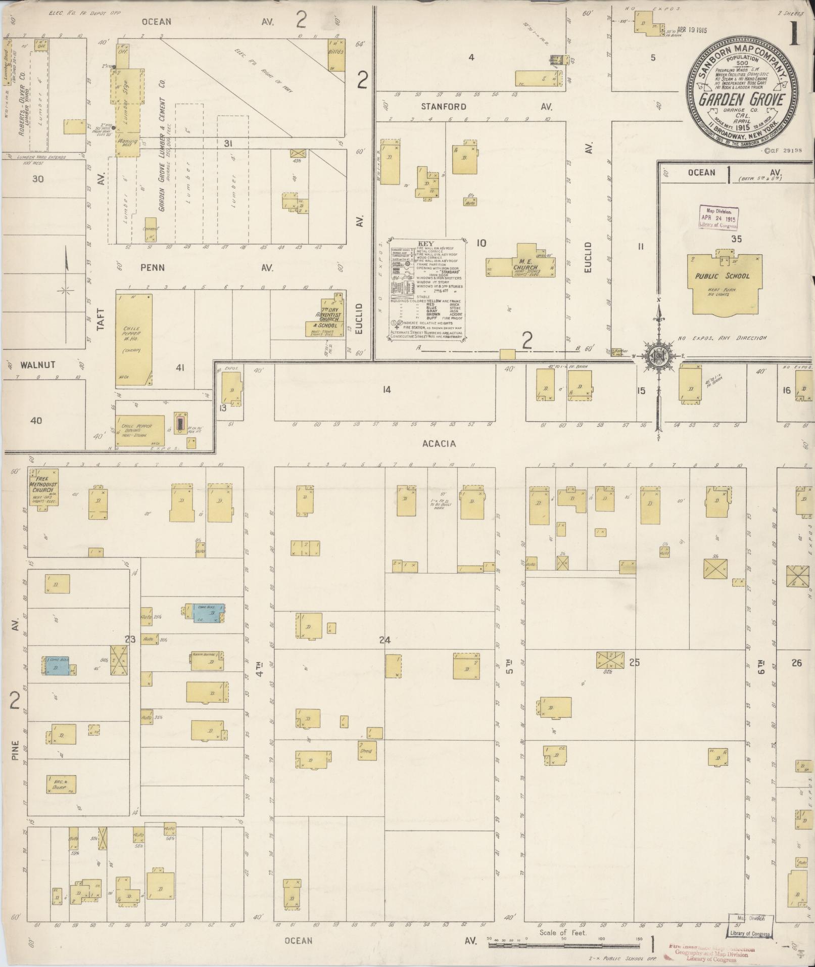 Sanborn Fire Insurance Map from Garden Grove, Orange County, California (1915), Sheet #0001 - Historic Sanborn Fire Insurance Map Print, vintage old map wall art, antique decor, genealogy gift, California California map